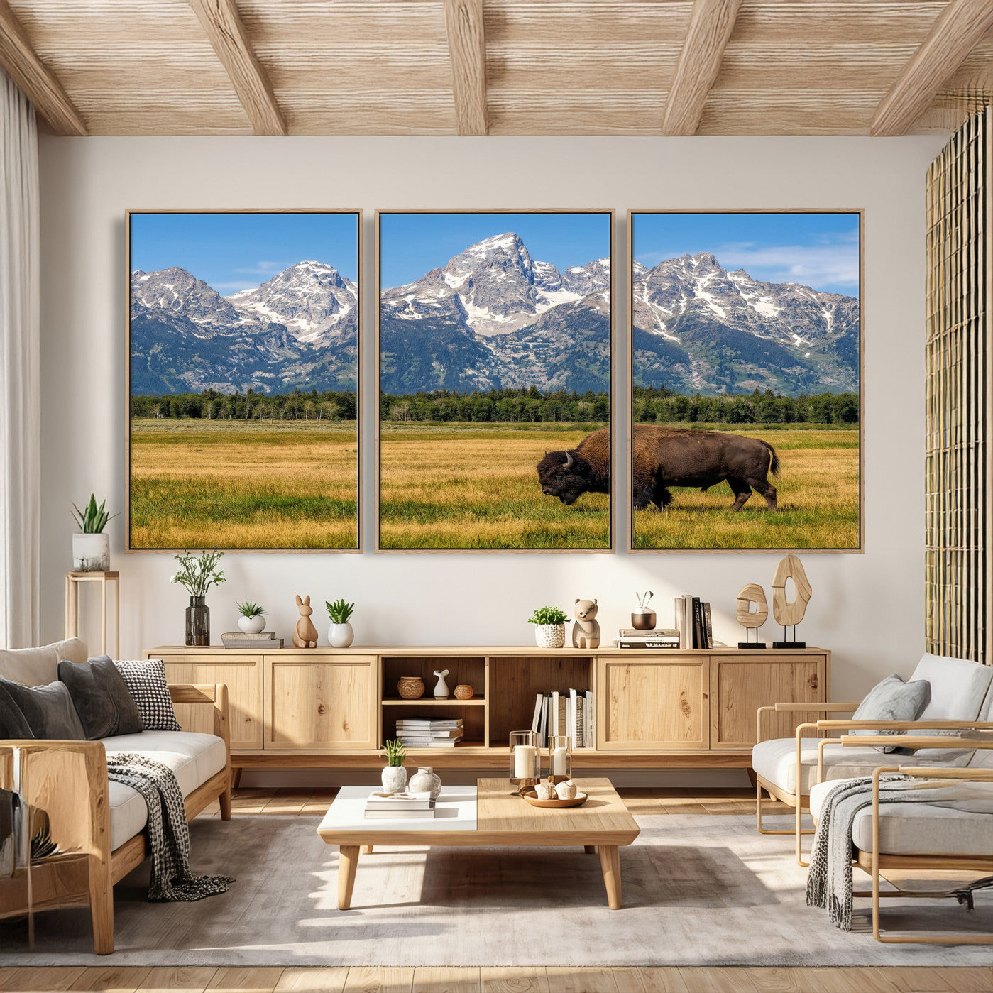 20424529-MGV-CV-36X24 - Bison in Mountain Landscape Wall Art Canvas Print – Western Wildlife Artwork for Rustic Living Room Decor