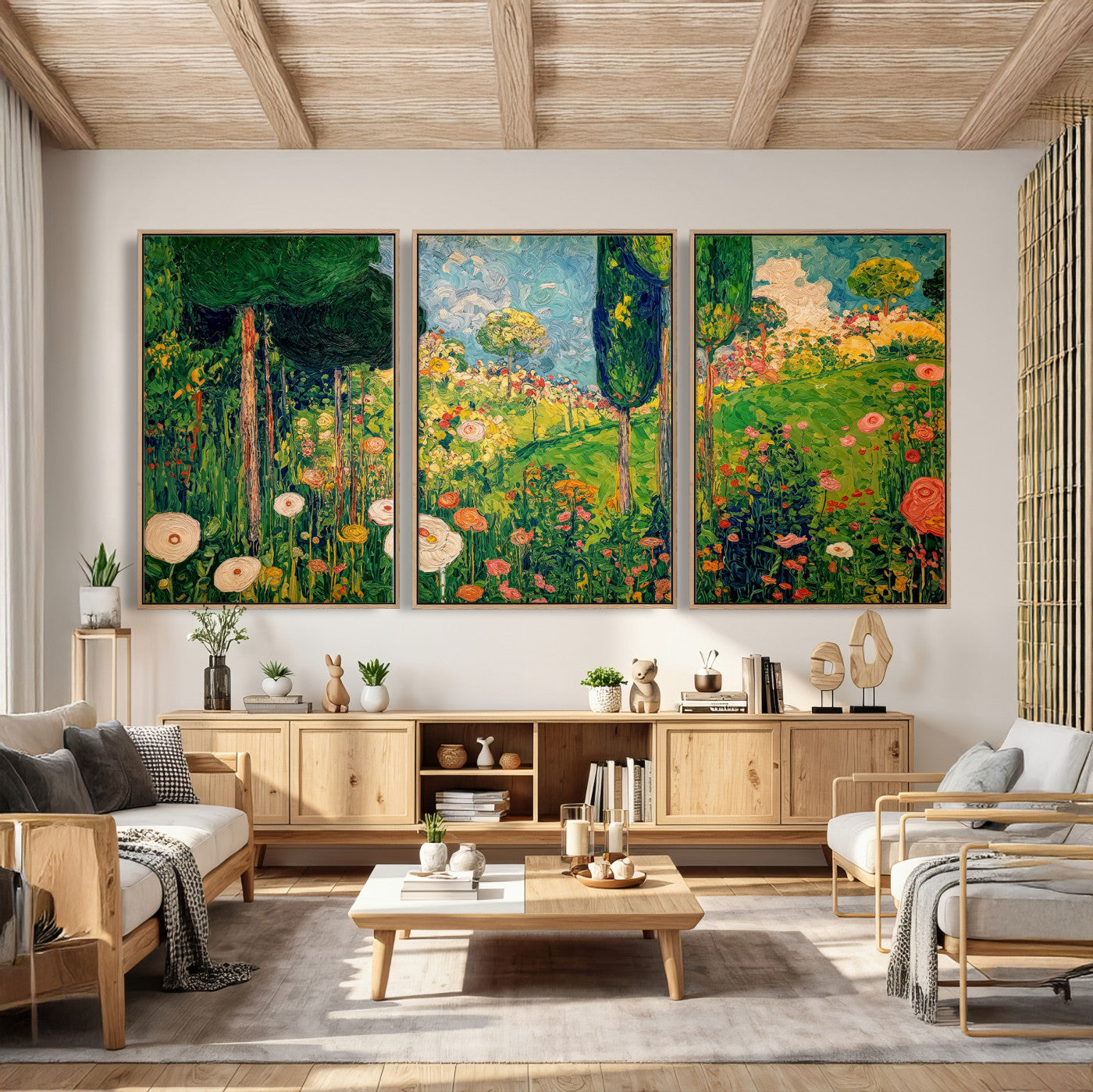 83517974-MGV-CV-36X24 - Gustav Klimt Boho Mountain Landscape Large Wall Art, Horizontal Gold Framed Canvas Print with Sun and Flowers