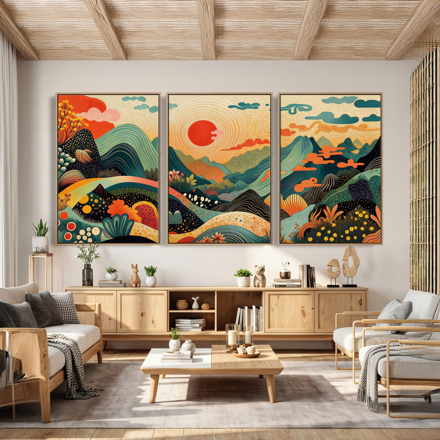 29927191-MGV-CV-36X24 - Yayoi Kusama Boho Mountain Landscape Large Wall Art, Horizontal Gold Framed Canvas Print with Sun and Flowers
