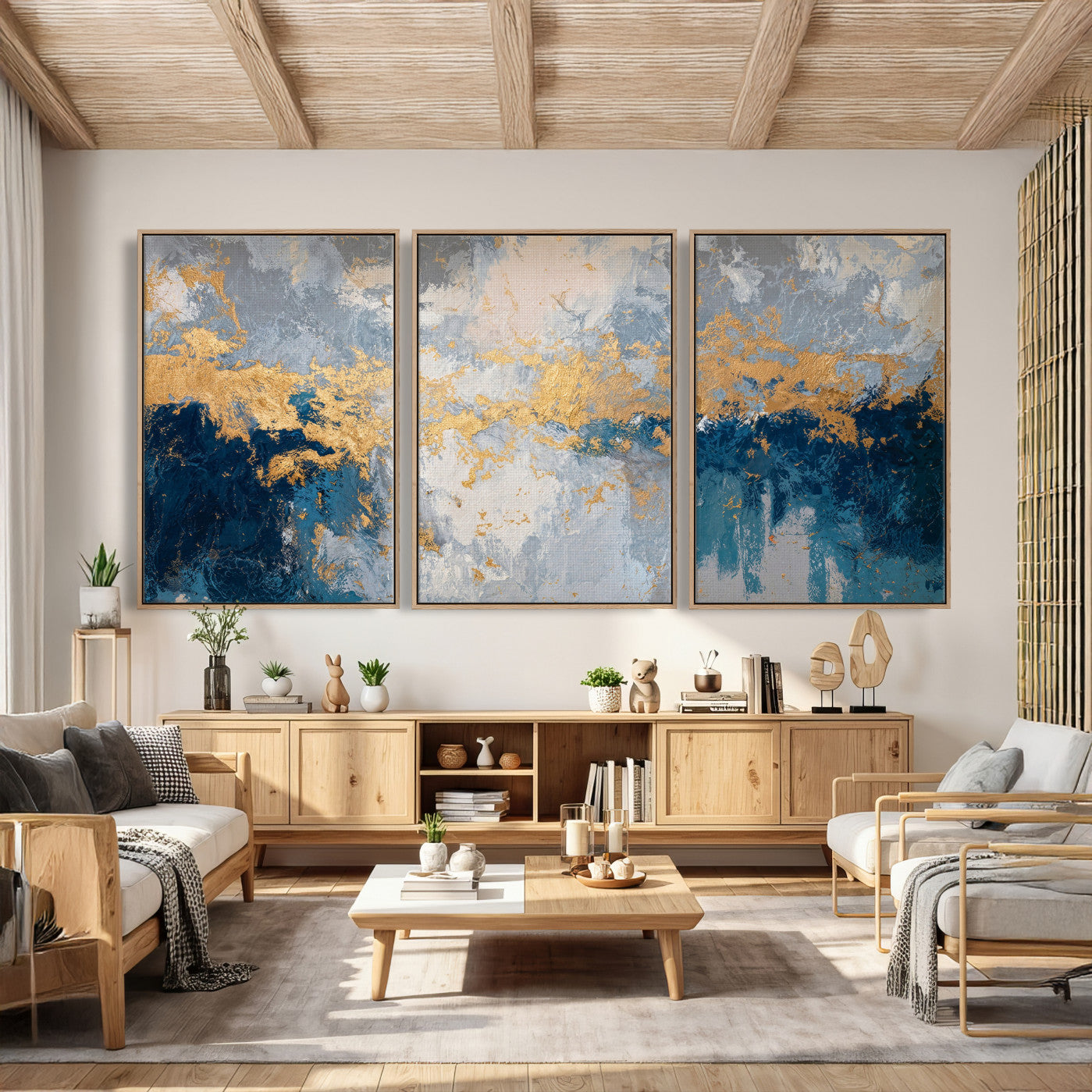 65386119-MGV-CV-36X24 - Blue Gold Abstract Large Framed Canvas Wall Art, Modern Luxury Painting Print in Horizontal Oversized Minimal Wall Decor Artwork
