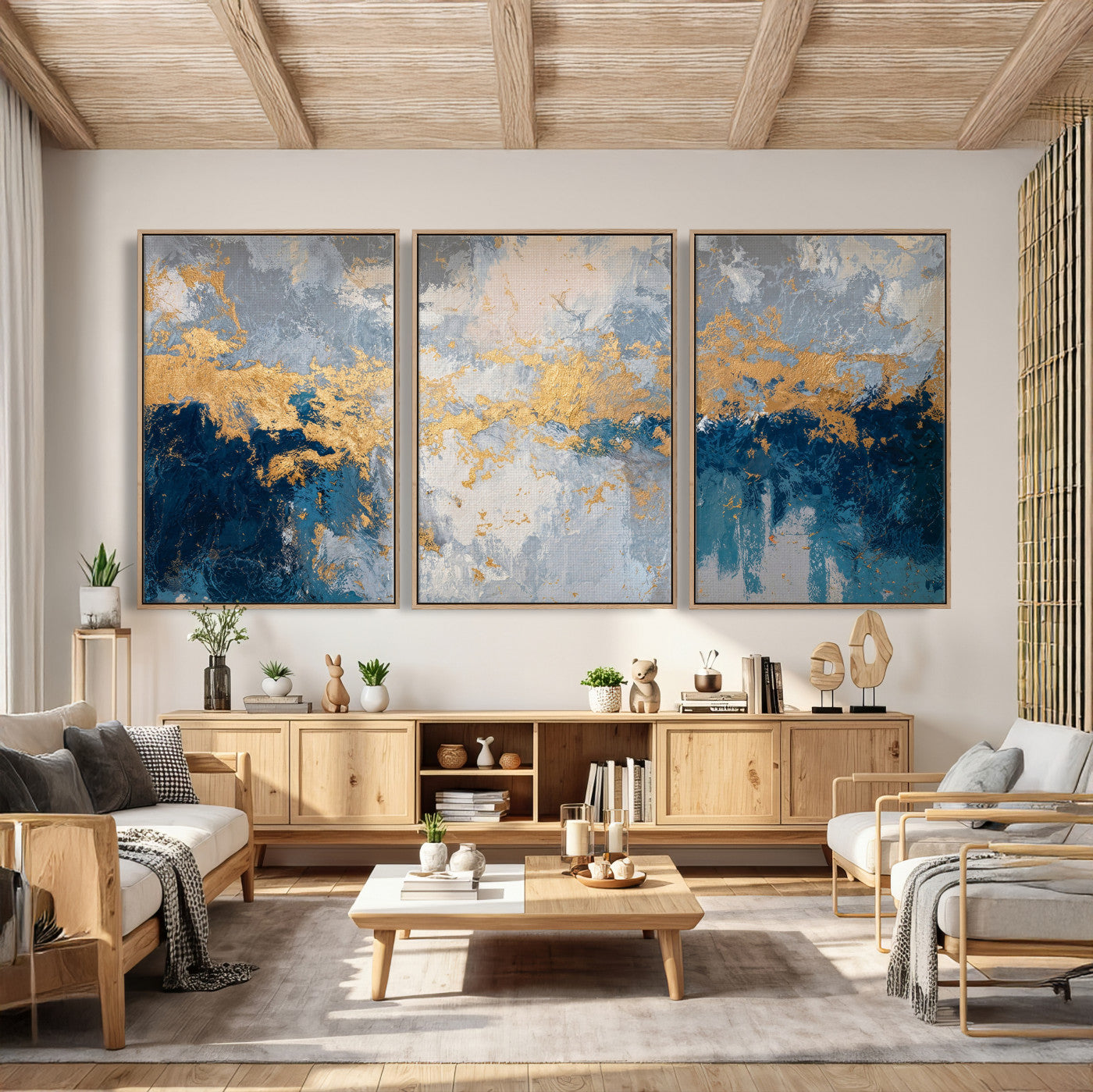 65386119-MGV-CV-36X24 - Blue Gold Abstract Large Framed Canvas Wall Art, Modern Luxury Painting Print in Horizontal Oversized Minimal Wall Decor Artwork