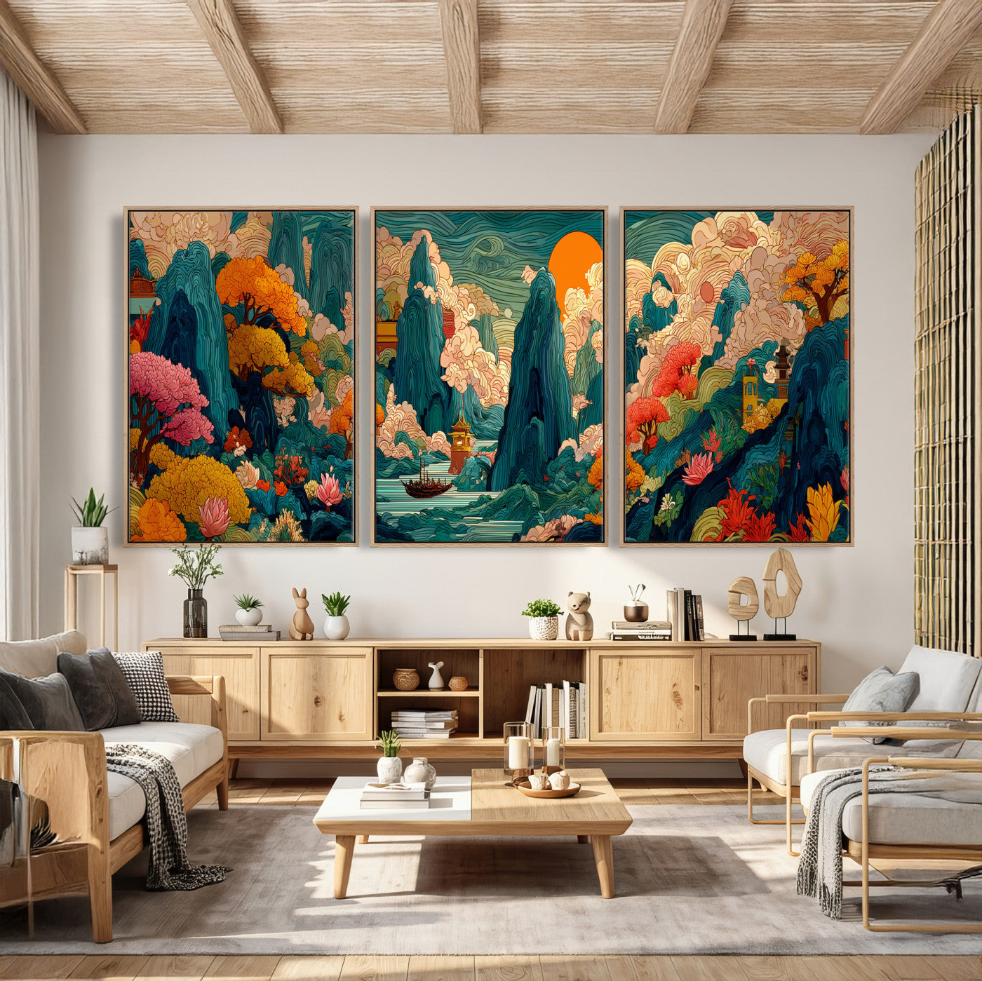 90422518-MGV-CV-48X32-3P - Colorful Japanese Landscape Print: Maximalist Panoramic Wall Art