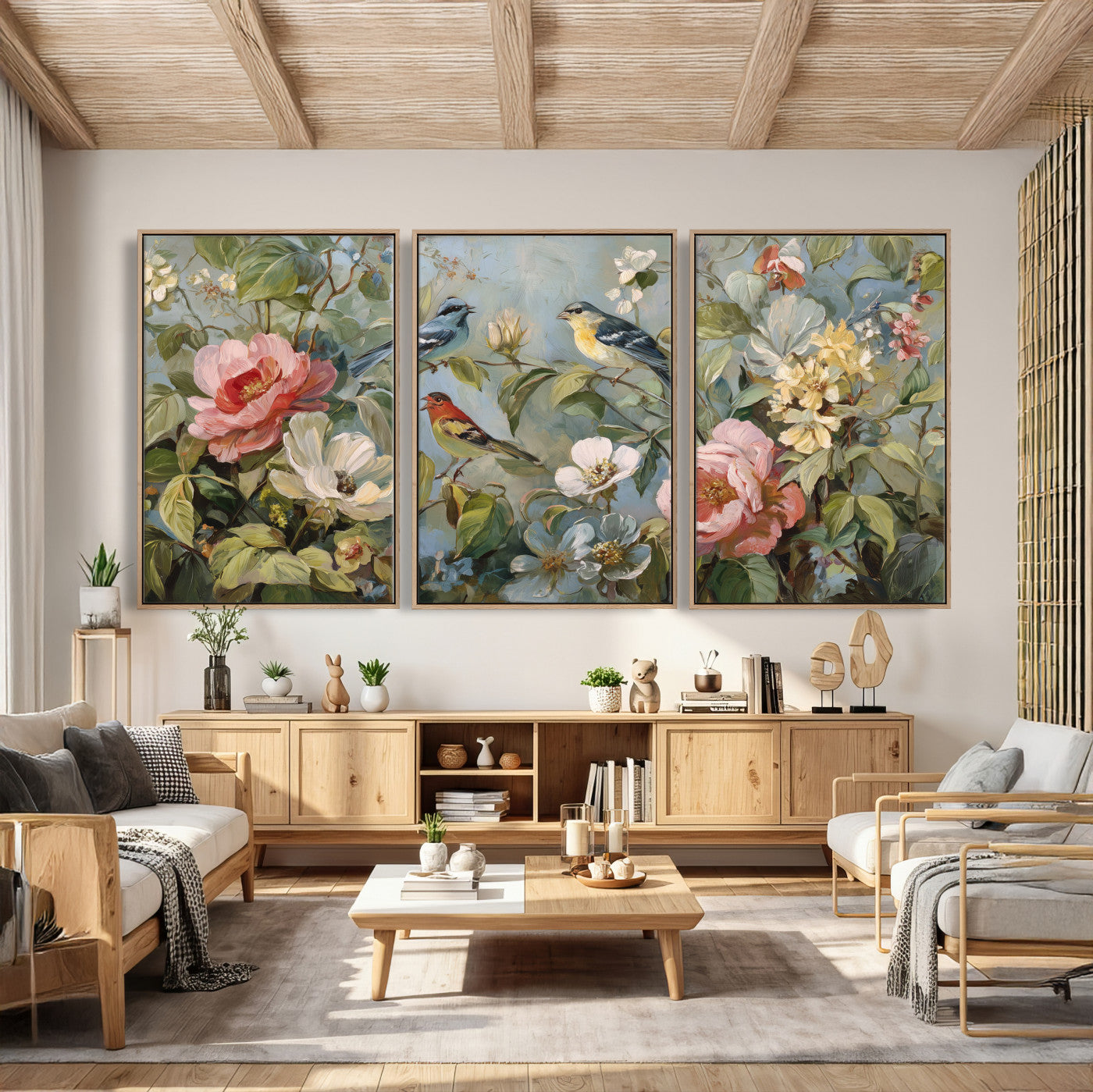 55440837-MGV-CV-36X24 - Vintage Birds and Flowers Wall Art Canvas Print, Botanical Bird Painting Canvas Print, Floral Garden Bird Artwork Canvas Print, Classic Bird Flower Painting Canvas Print