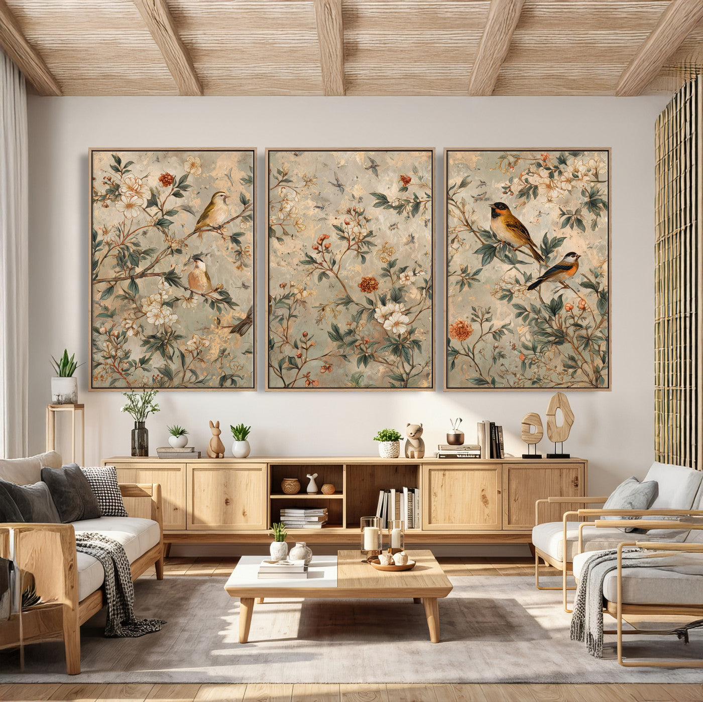 76588438-MGV-CV-36X24 - Vintage Birds and Flowers Wall Art Canvas Print, Botanical Bird Painting Canvas Print, Floral Garden Bird Artwork Canvas Print, Classic Bird Flower Painting Canvas Print