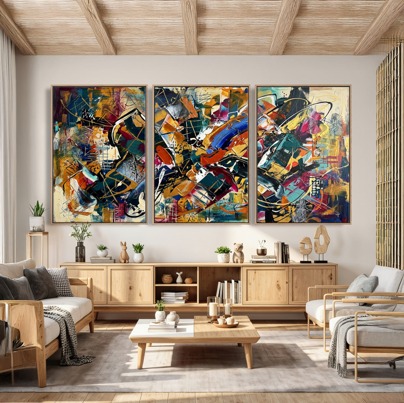 15525527-MGV-CV-36X24 - Geometric Abstract Wall Art Canvas Print, Orange Blue Abstract Expressionist Painting Print, Modern Geometric Abstract Canvas Art