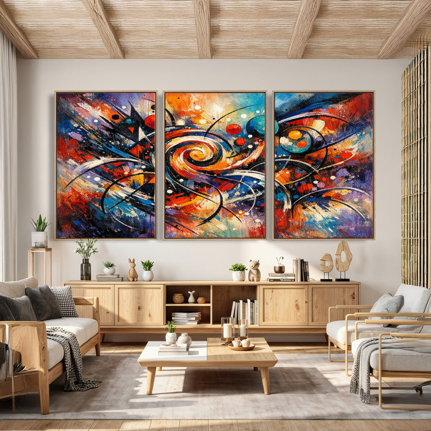 60193267-MGV-CV-36X24 - Geometric Abstract Wall Art Canvas Print, Orange Blue Abstract Expressionist Painting Print, Modern Geometric Abstract Canvas Art