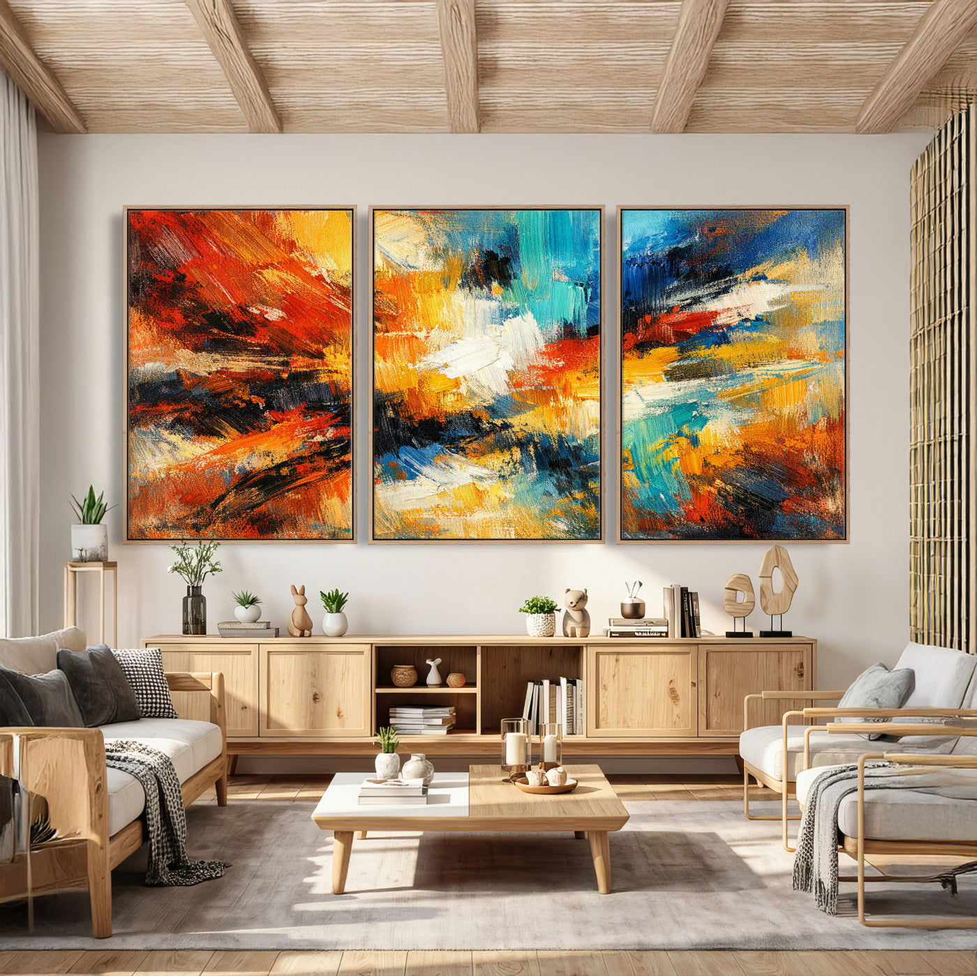 93167583-MGV-CV-36X24 - Geometric Abstract Wall Art Canvas Print, Orange Blue Abstract Expressionist Painting Print, Modern Geometric Abstract Canvas Art