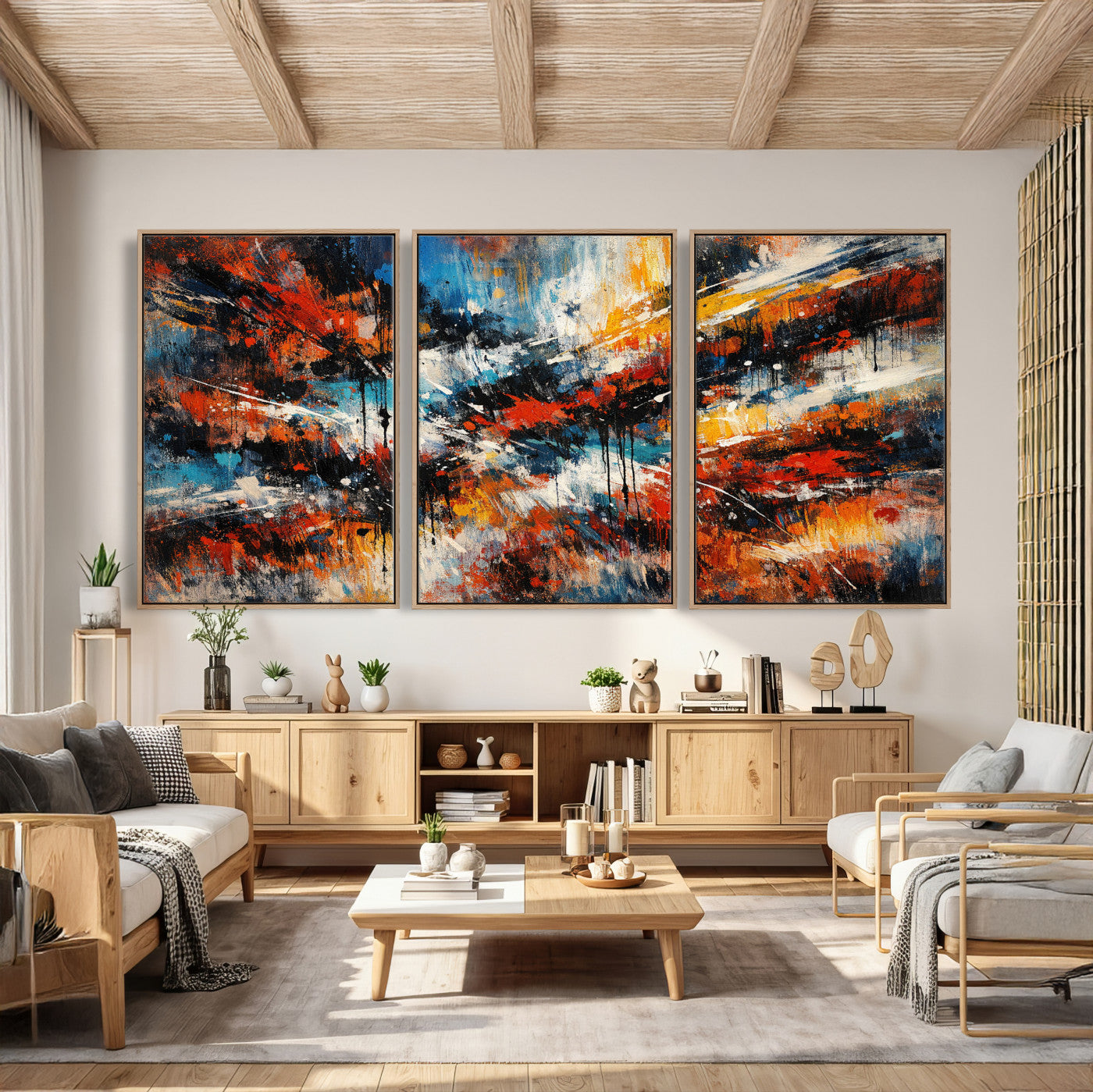 80276069-MGV-CV-36X24 - Geometric Abstract Wall Art Canvas Print, Orange Blue Abstract Expressionist Painting Print, Modern Geometric Abstract Canvas Art