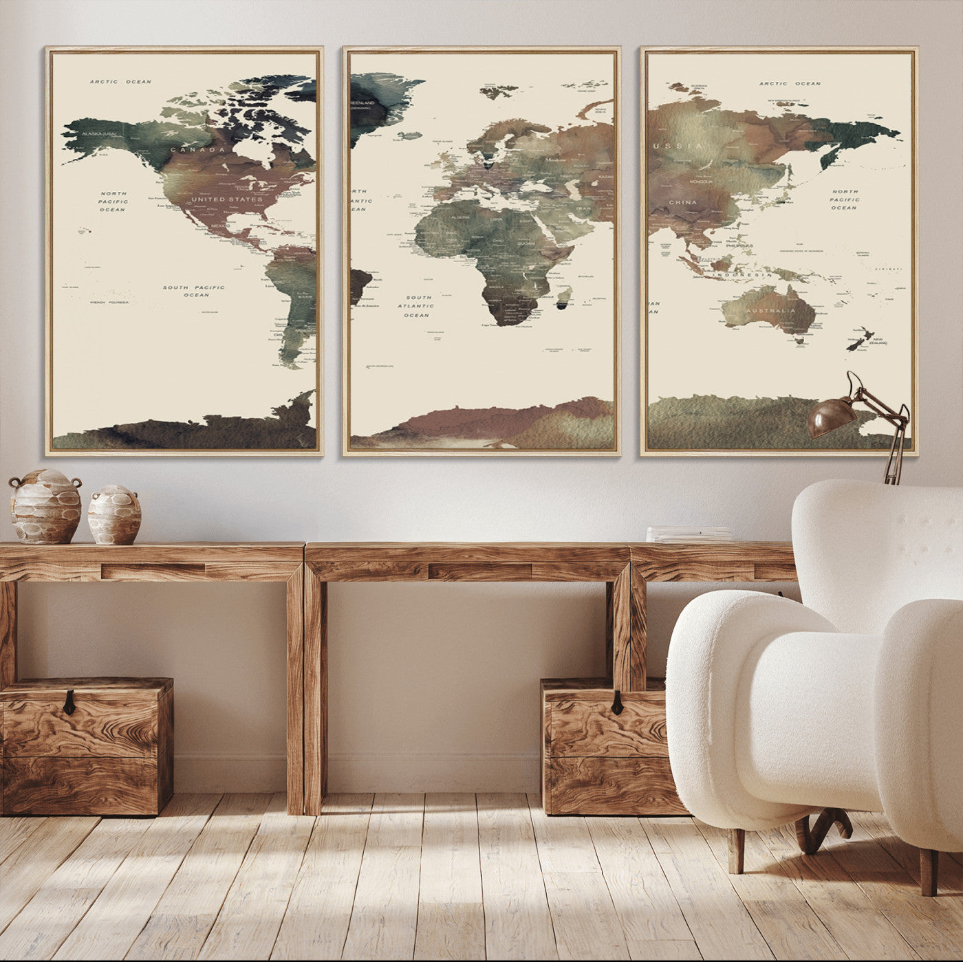 -Neutral Watercolor World Map Canvas Wall Art – Framed Earth Tone Map Print, Minimalist Travel Artwork for Modern Home and Office Decor