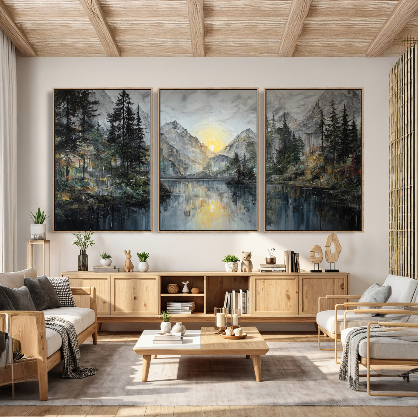 72377107-MGV-CV-60X30-3P - Drip Style Forest Lake Gold Art — Abstract Expressionist Mountain Print | Grey Pine Tree Canvas | Moody Nature Wall Decor | Large Panoramic Art