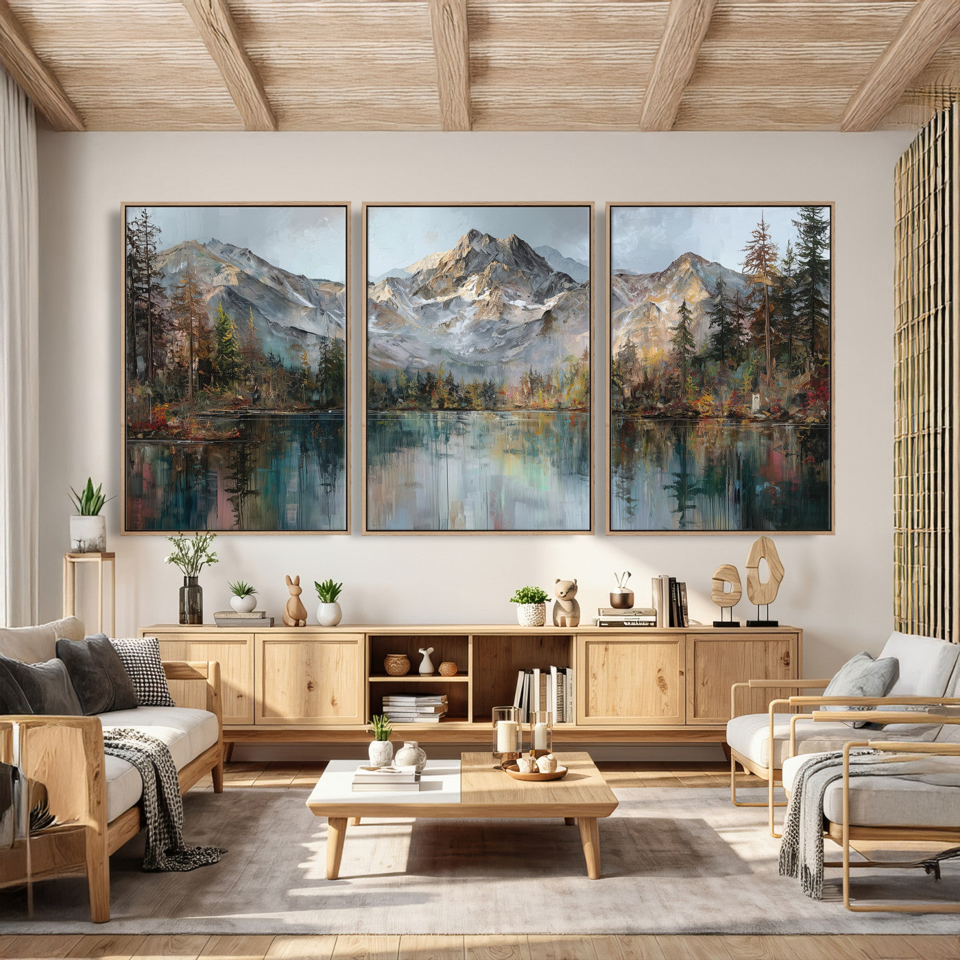 15527546-MGV-CV-60X30-3P - Drip Style Forest Lake Gold Art — Abstract Expressionist Mountain Print | Grey Pine Tree Canvas | Moody Nature Wall Decor | Large Panoramic Art