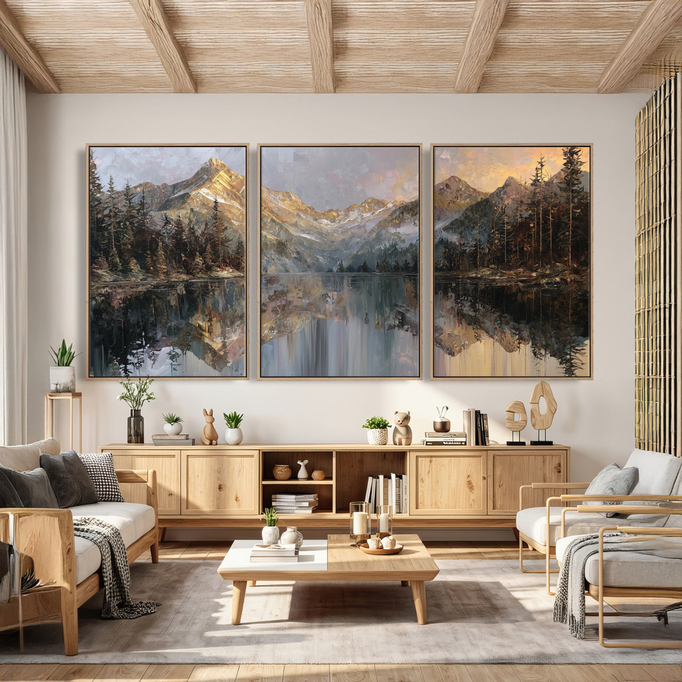 37675699-MGV-CV-60X30-3P - Drip Style Forest Lake Gold Art — Abstract Expressionist Mountain Print | Grey Pine Tree Canvas | Moody Nature Wall Decor | Large Panoramic Art