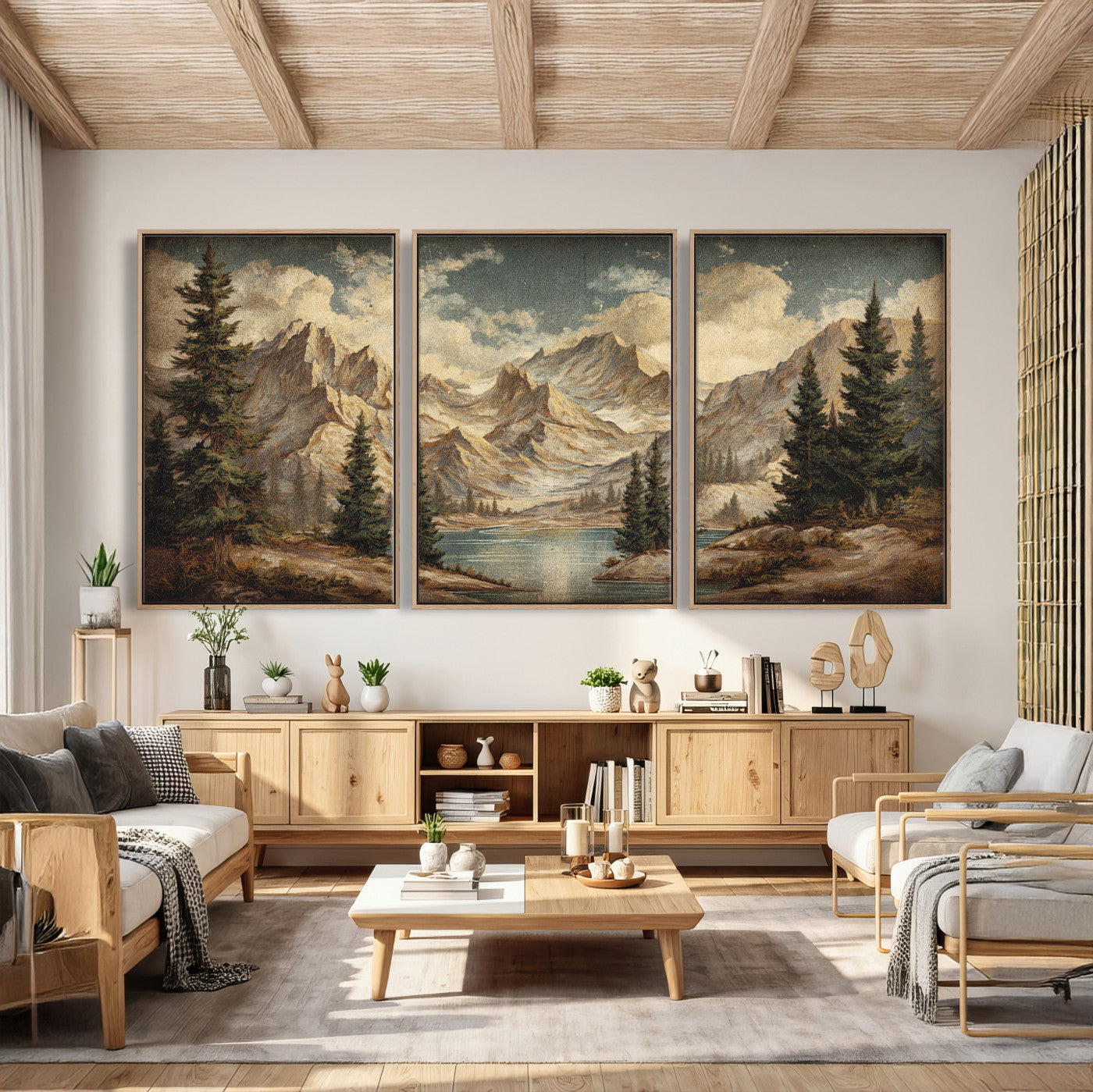 62093020-MGV-CV-60X30-3P - Drip Style Forest Lake Gold Art — Abstract Expressionist Mountain Print | Grey Pine Tree Canvas | Moody Nature Wall Decor | Large Panoramic Art