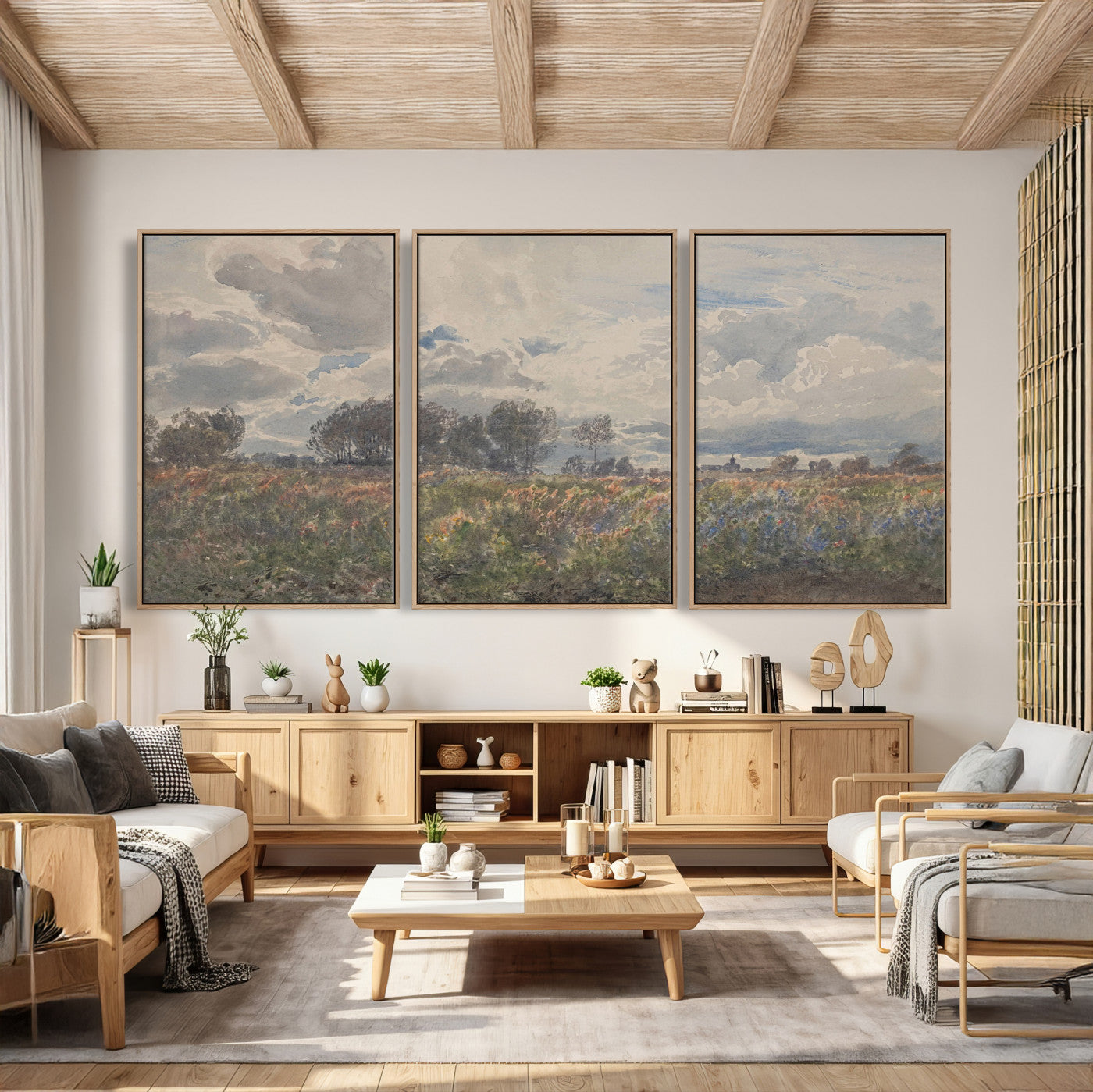 76626885-MGV-CV-36X24 - Vintage Watercolor Meadow Canvas Wall Art — English Pastoral Wildflower Storm Sky Print | Cottagecore Nature Decor | Classic Landscape Gift