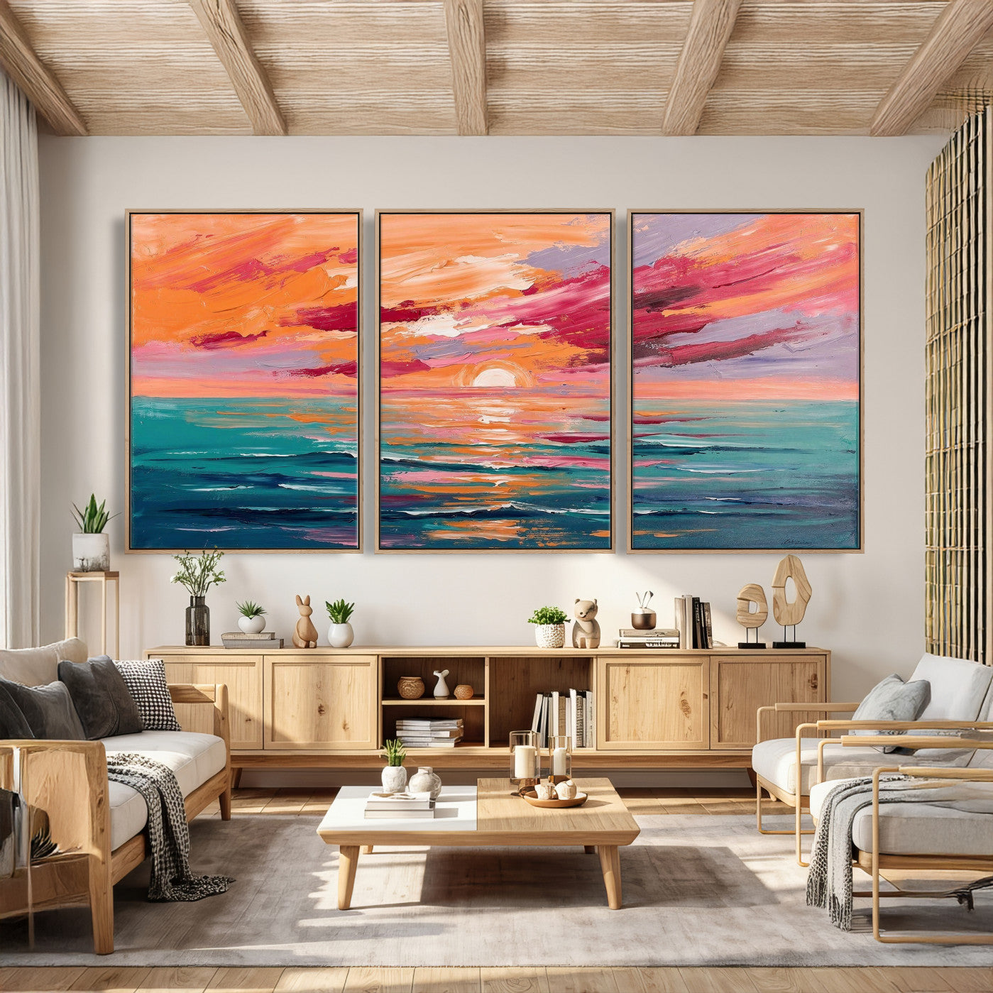 26763902-MGV-CV-36X24 - Bold Palette Knife Ocean Sunset Canvas — Orange Pink Teal Expressionist Sea Print | Colorful Coastal Wall Art | Vibrant Beach Decor Gift