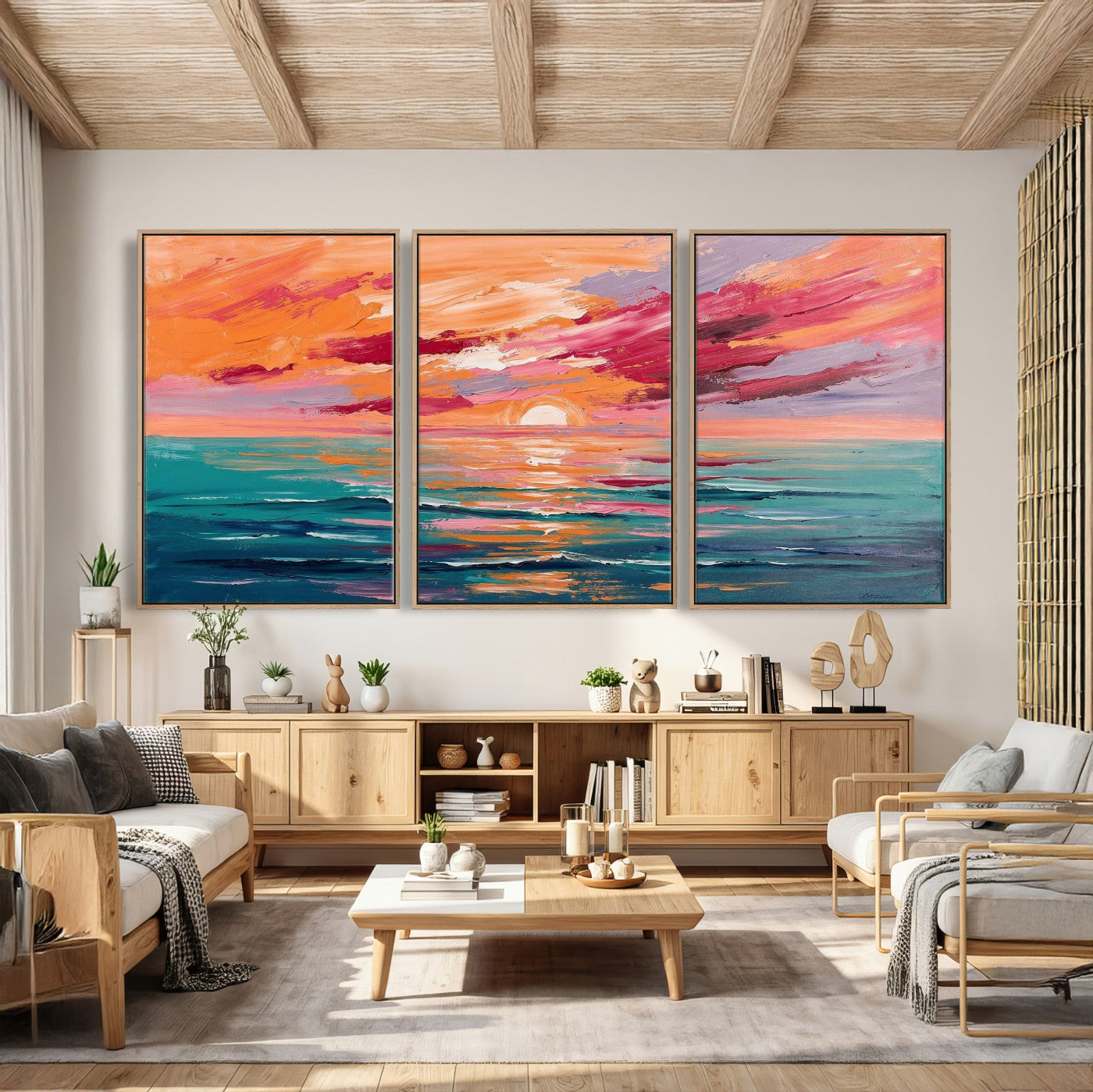 26763902-MGV-CV-36X24 - Bold Palette Knife Ocean Sunset Canvas — Orange Pink Teal Expressionist Sea Print | Colorful Coastal Wall Art | Vibrant Beach Decor Gift