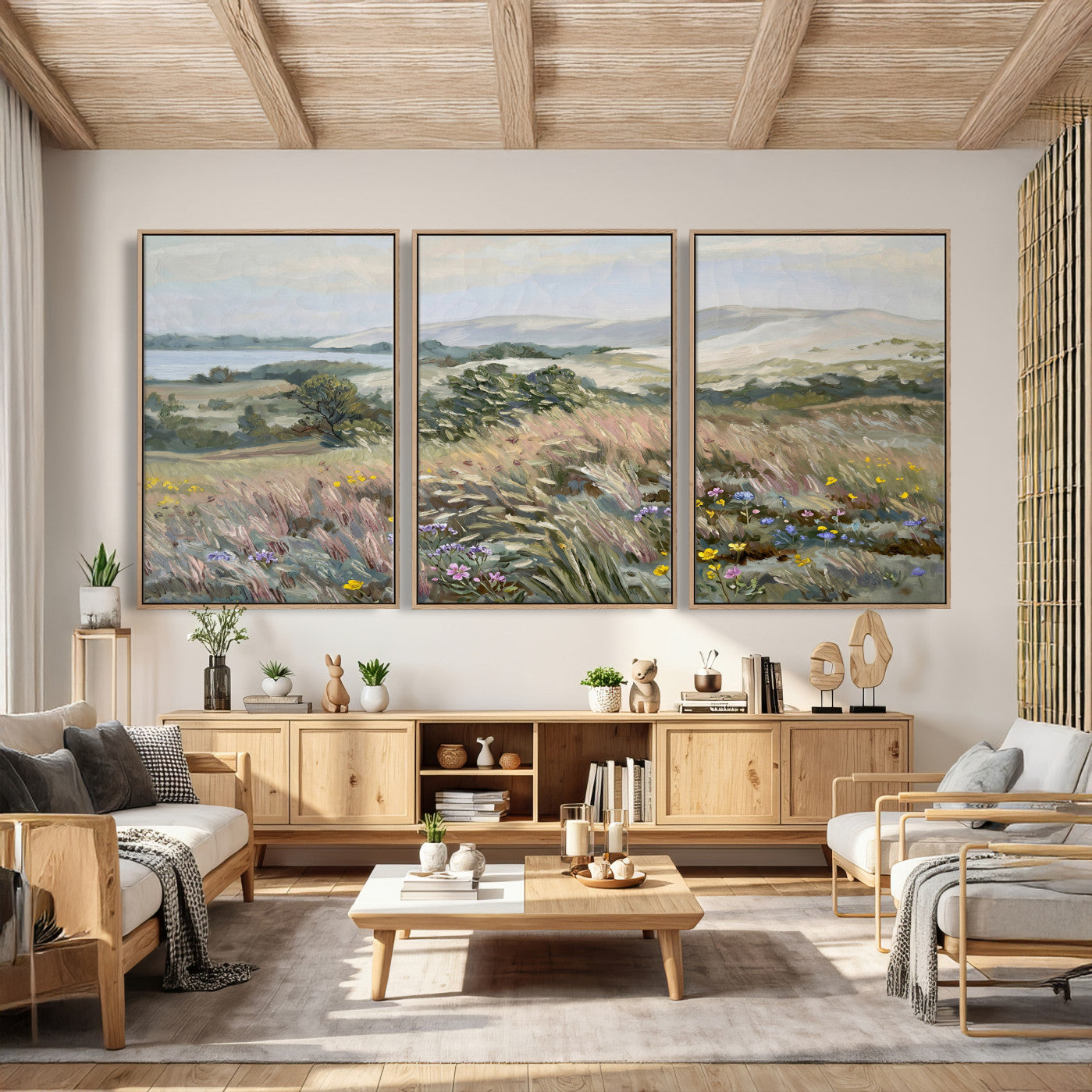 18013232-MGV-CV-36X24 - Katie Staples Hillside Canvas Wall Art — Coastal Wildflower Dune Oil Painting Print | Muted Green Nature Decor | Plein Air Landscape Gift