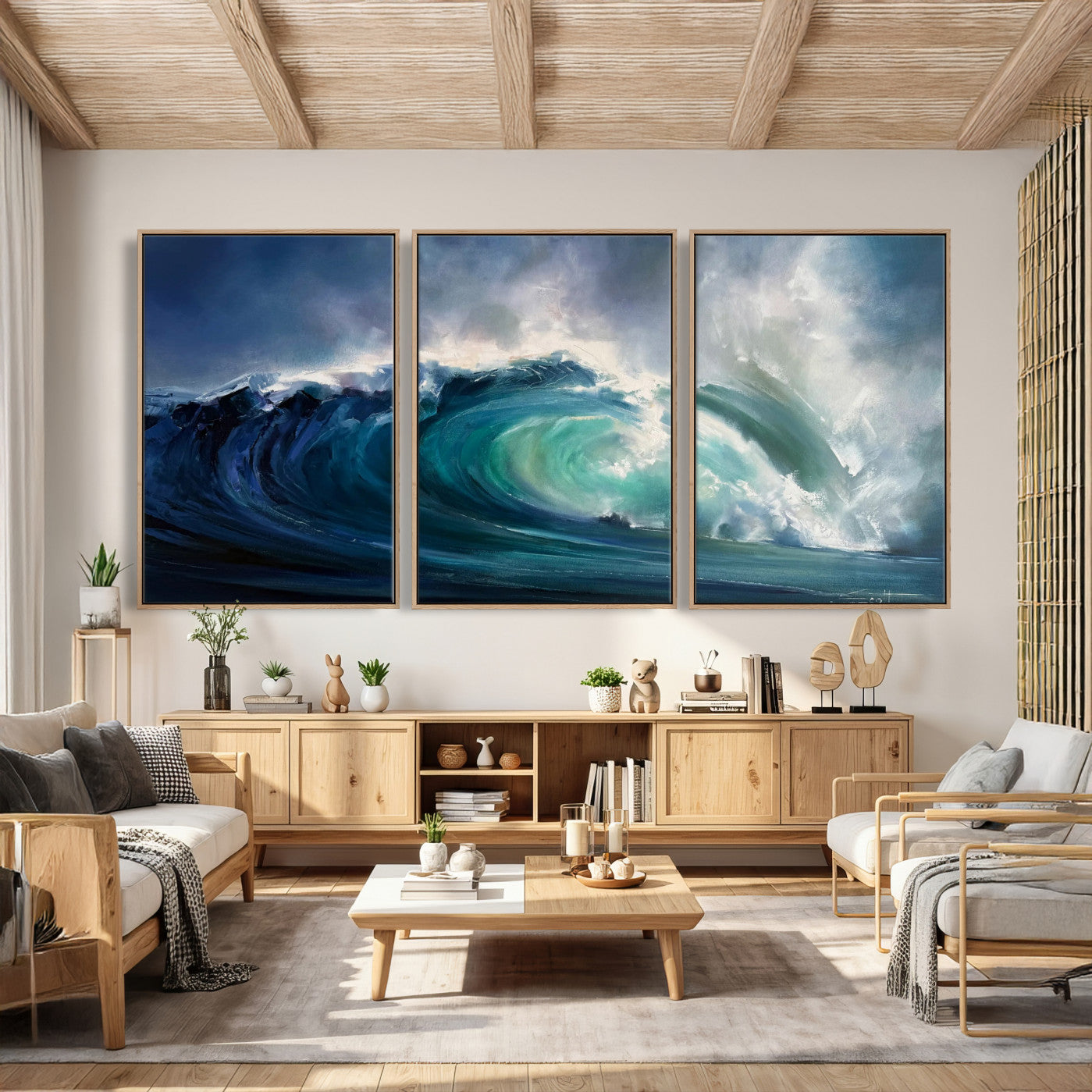 80752160-MGV-CV-60X30-3P - Ocean Wave Canvas Wall Art, Dramatic Teal Blue Seascape Oil Painting Print, Stormy Sea Coastal Decor, Large Beach House Art, Surf Wave Statement Art