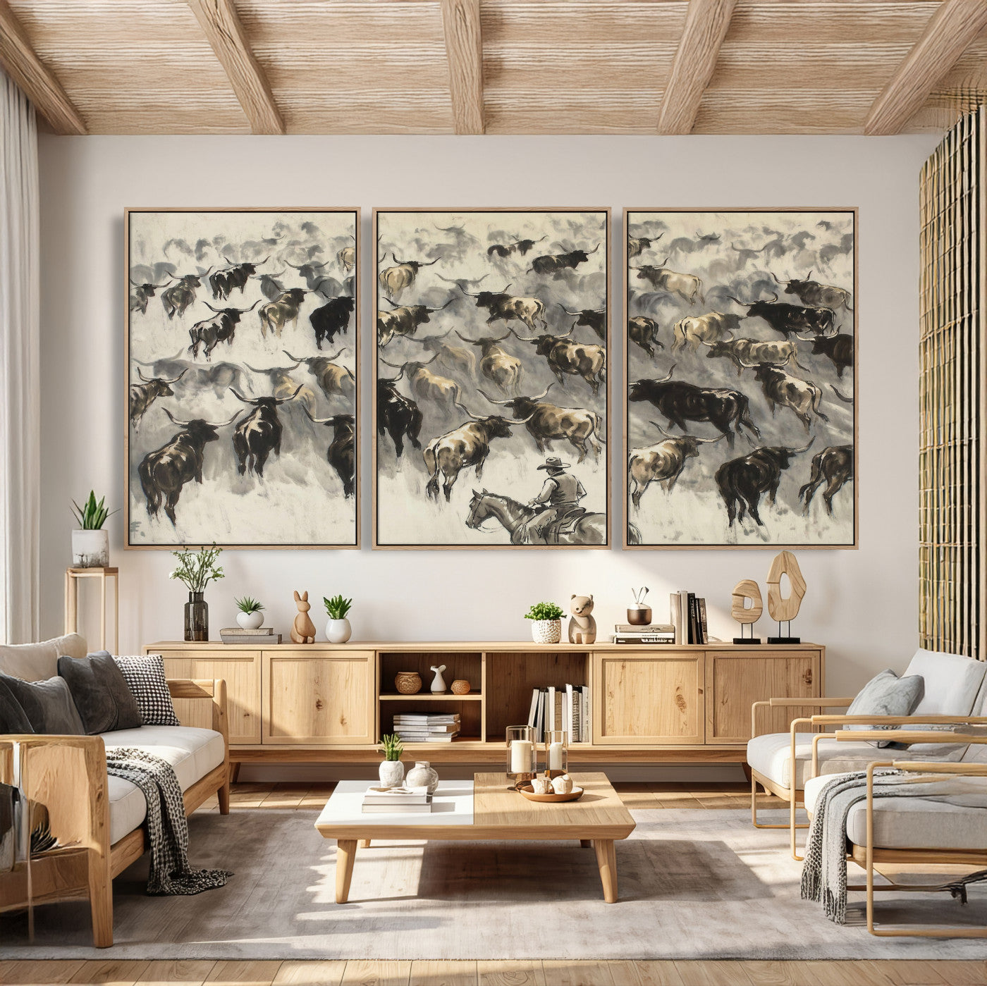 48049876-MGV-CV-36X24 - Cowboy Cattle Drive Canvas Wall Art, Western Longhorn Herd Ink Painting Print, Ranch Rodeo Decor, Black White Western Art, Large Living Room Art