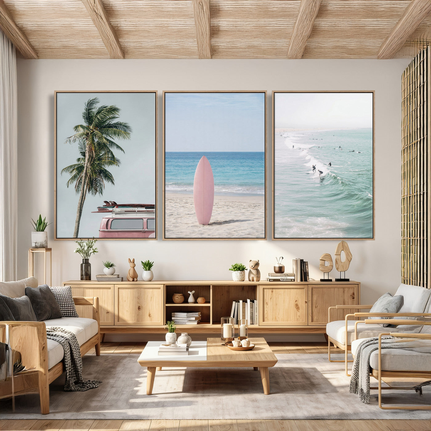 39028765-MGV-CV-60X30-3P - Surf Canvas Wall Art Set, Pink Surfboard VW Van Palm Tree Triptych, Beach House Coastal Decor, Pastel Ocean Photography Print, Boho Surf Decor