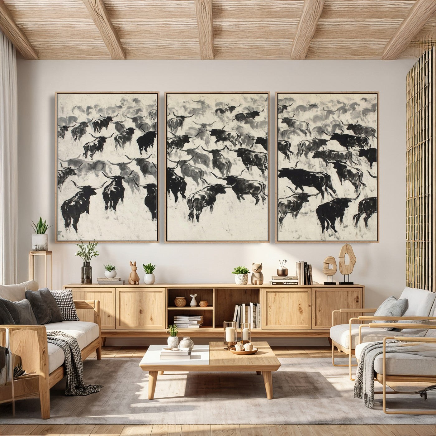 68669792-MGV-CV-36X24 - Longhorn Cattle Canvas Wall Art, Black White Stampede Ink Painting Print, Western Farmhouse Decor, Bull Herd Art, Large Living Room Wall Art, Ranch Home Decor