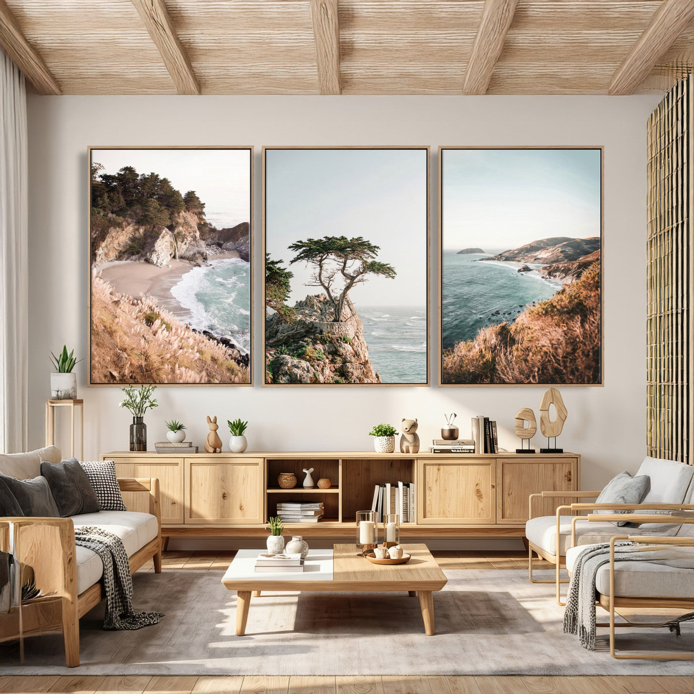 68839391G-MGV-CV-60X30-3P - California Coast Canvas Wall Art Set, Big Sur McWay Falls Lone Cypress Triptych Print, Coastal Photography Decor, Beach House Wall Art