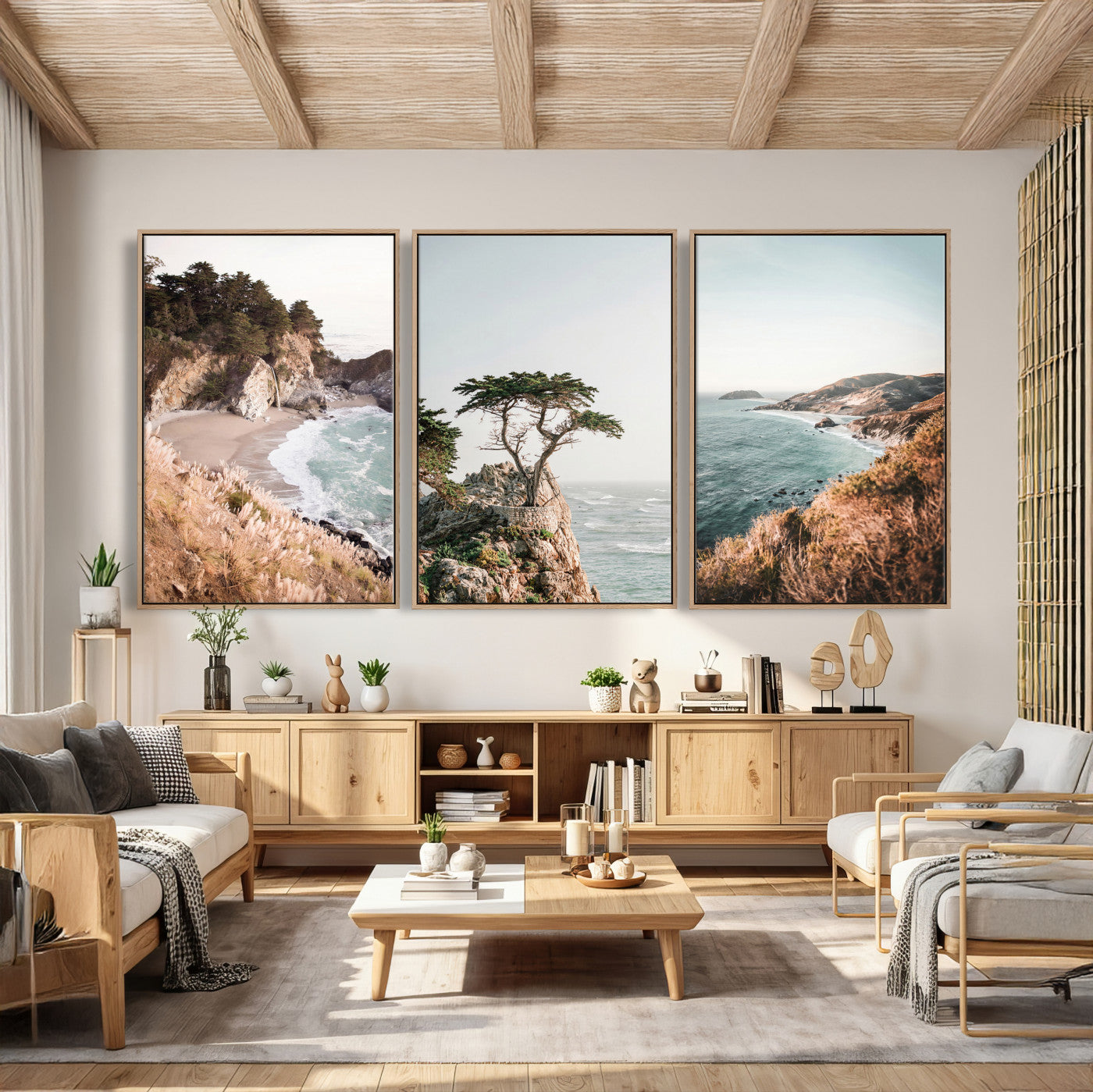 68839391G-MGV-CV-60X30-3P - California Coast Canvas Wall Art Set, Big Sur McWay Falls Lone Cypress Triptych Print, Coastal Photography Decor, Beach House Wall Art