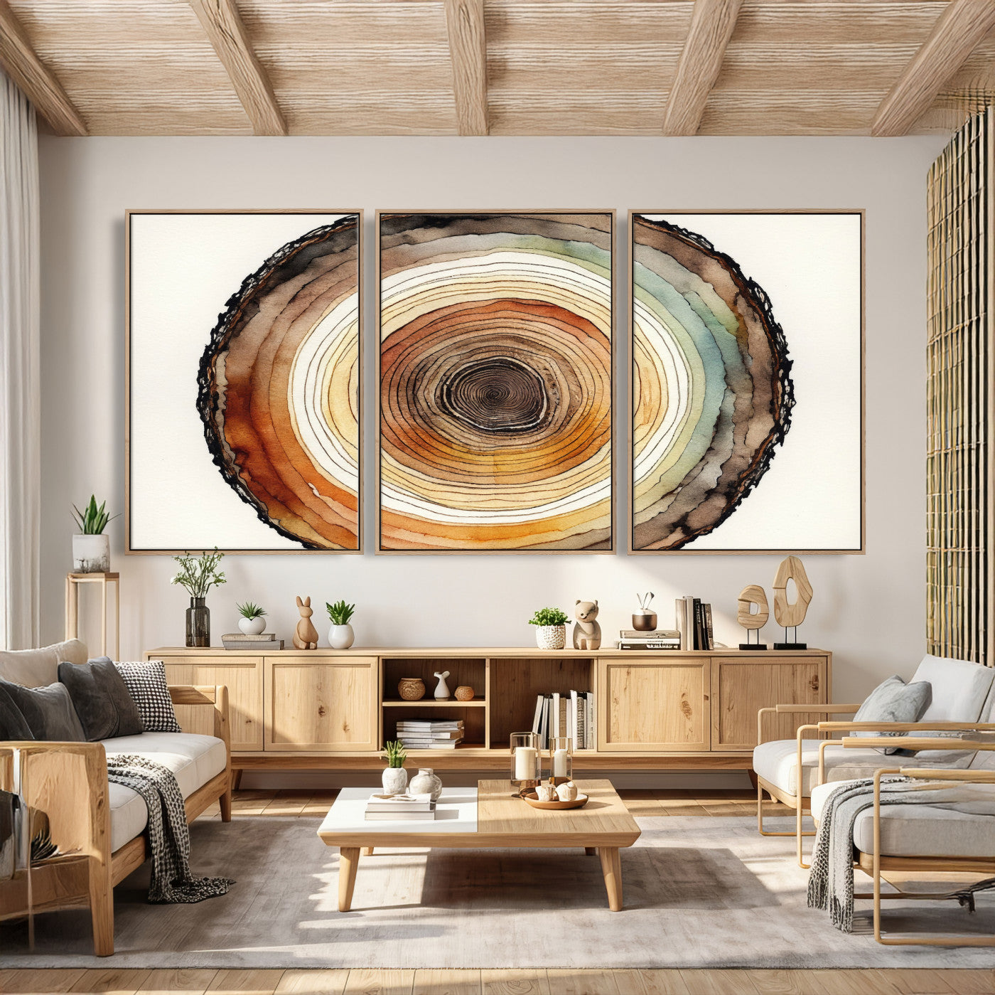 13719680-MGV-CV-36X24 - Natural Wood Slice Wall Art Canvas Print, Tree Ring Wall Art, Framed Abstract Nature Wall Decor, Earth Tone Statement Canvas Print