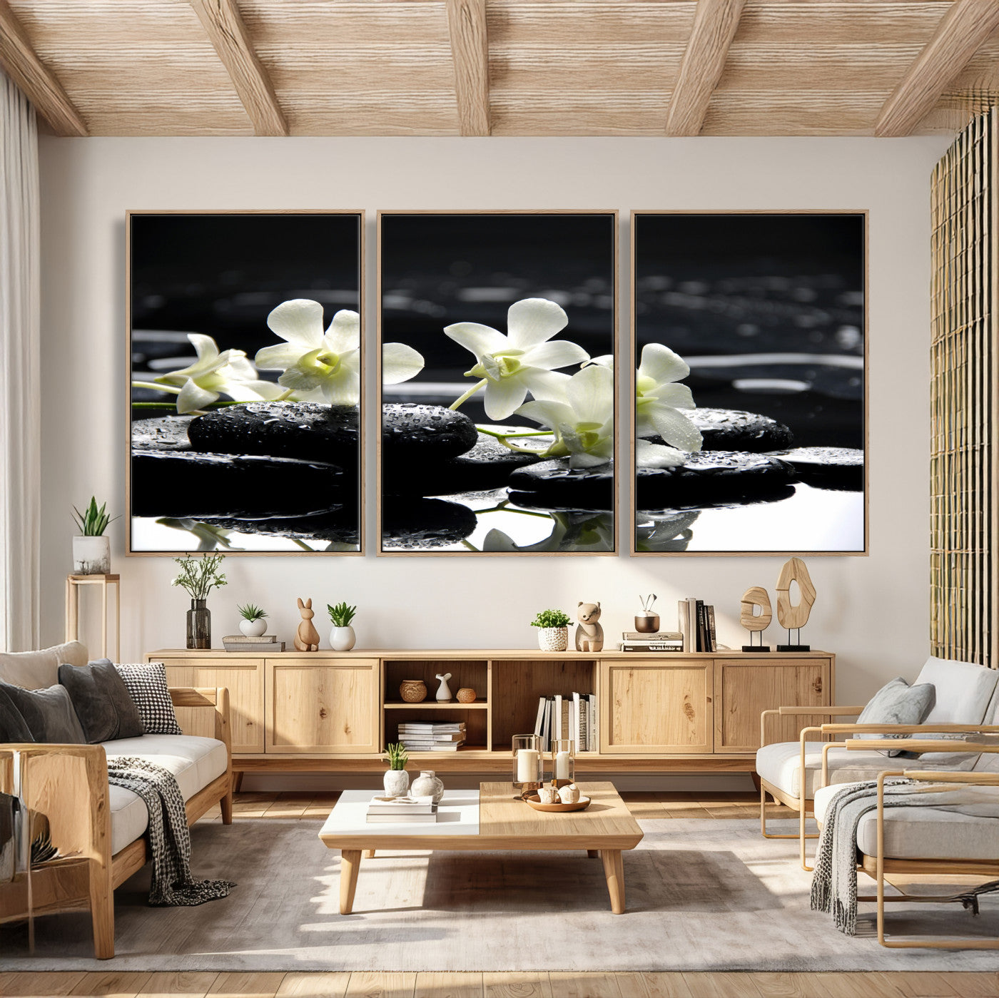 79486206-MGV-CV-36X24 - Plumeria Frangipani Black Stone Canvas | White Flower Spa Photography Print | Tropical Zen Wall Art | Grey Pebble Floral for Meditation Room Decor