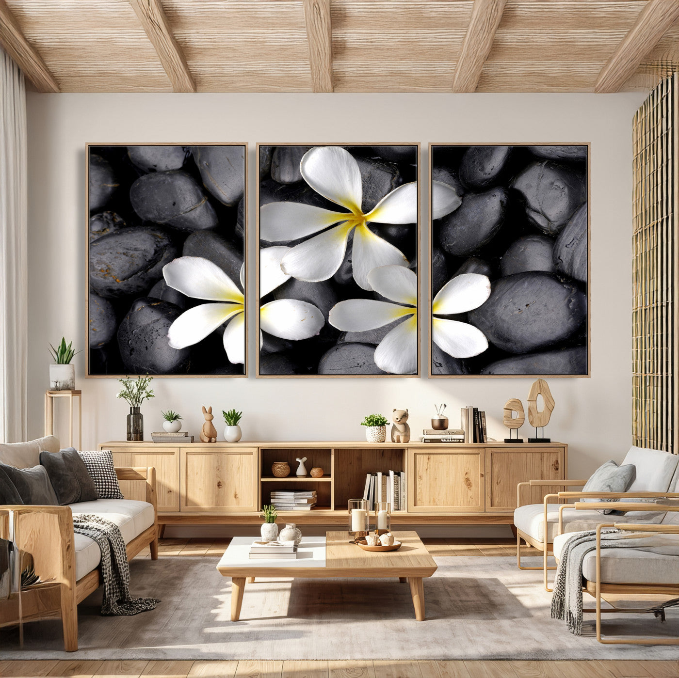 43639613-MGV-CV-36X24 - Plumeria Frangipani Black Stone Canvas | White Flower Spa Photography Print | Tropical Zen Wall Art | Grey Pebble Floral Decor
