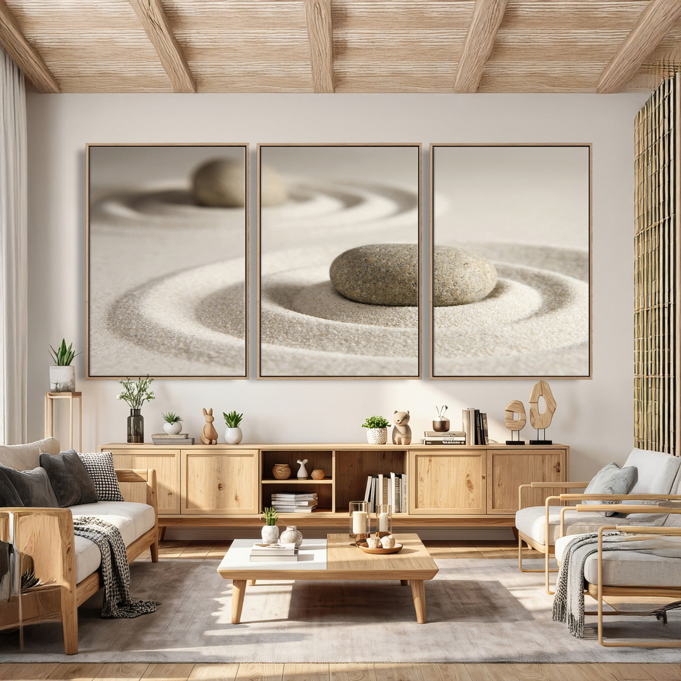 13397966-MGV-CV-36X24 - Zen Garden Stone Sand Canvas | Japanese Rock Garden Wall Art | Minimalist Meditation Print | Neutral Beige Mindfulness Decor