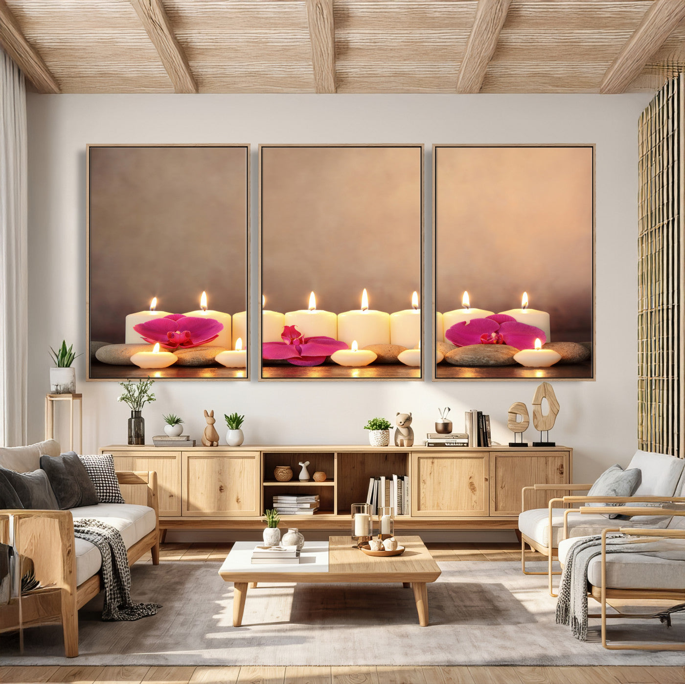 59470569-MGV-CV-36X24 - Spa Candles Orchid Canvas Print | Zen Wellness Relaxation Wall Art | Pink Flower Candlelight Bathroom Decor | Calm Beige Photography