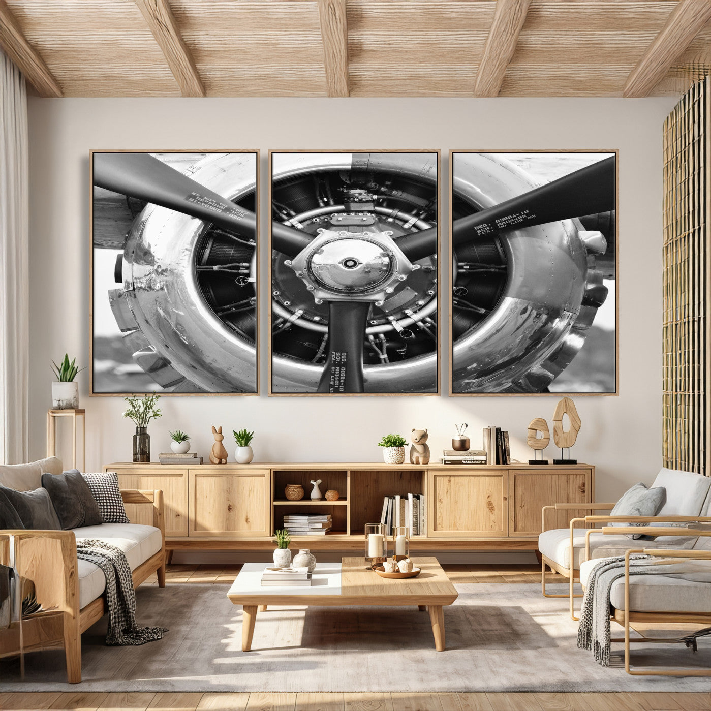 73322230-MGV-CV-36X24 - Vintage Propeller Plane Wall Art Canvas Print, Black and White Airplane Engine Close Up Framed Aviation Artwork for Pilot Office Hangar Decor