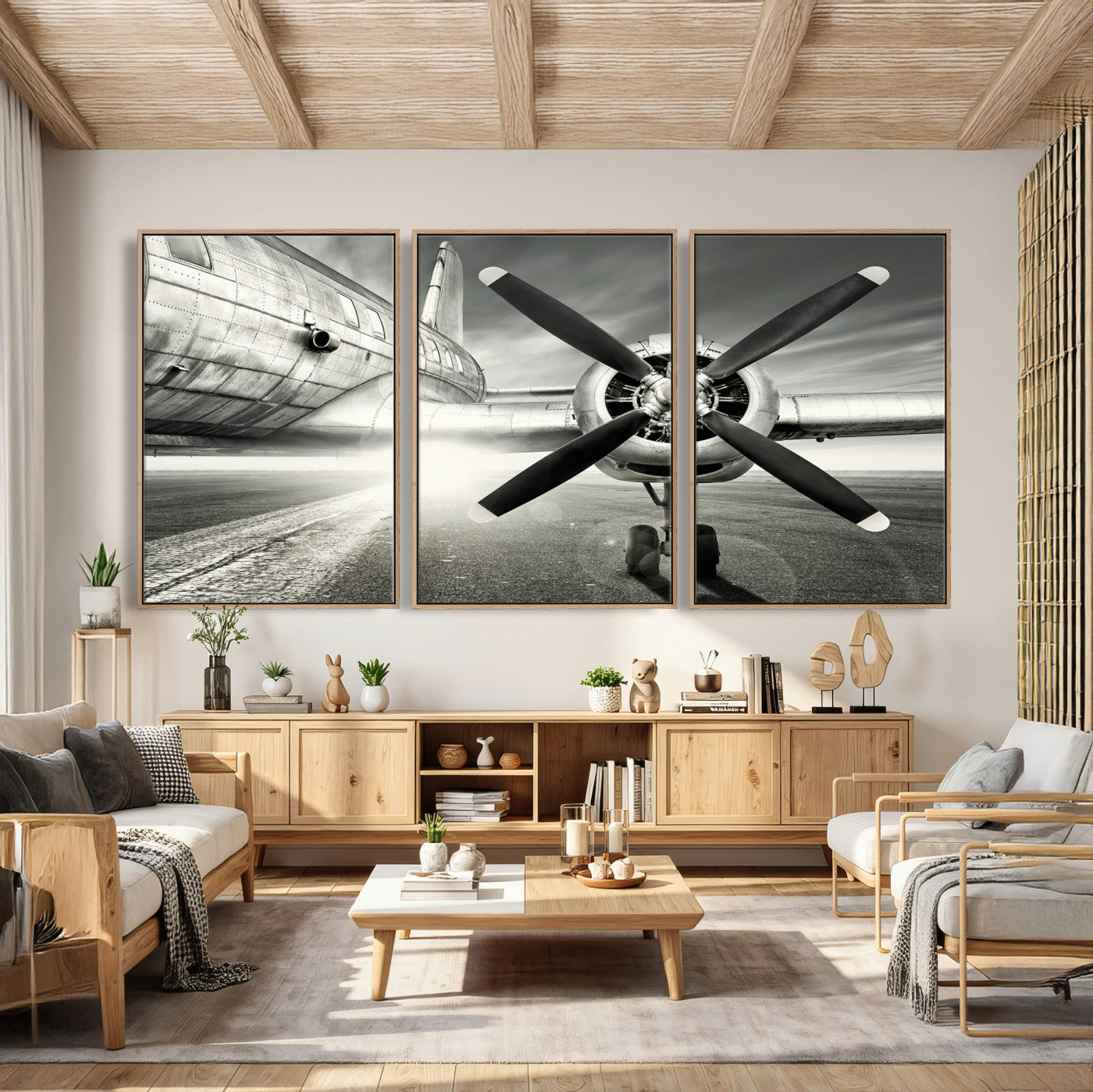 16420255-MGV-CV-36X24 - Vintage Airplane Wall Art Canvas Print, Black and White Propeller Aircraft Framed Aviation Artwork for Pilot Office Hangar Living Room Decor