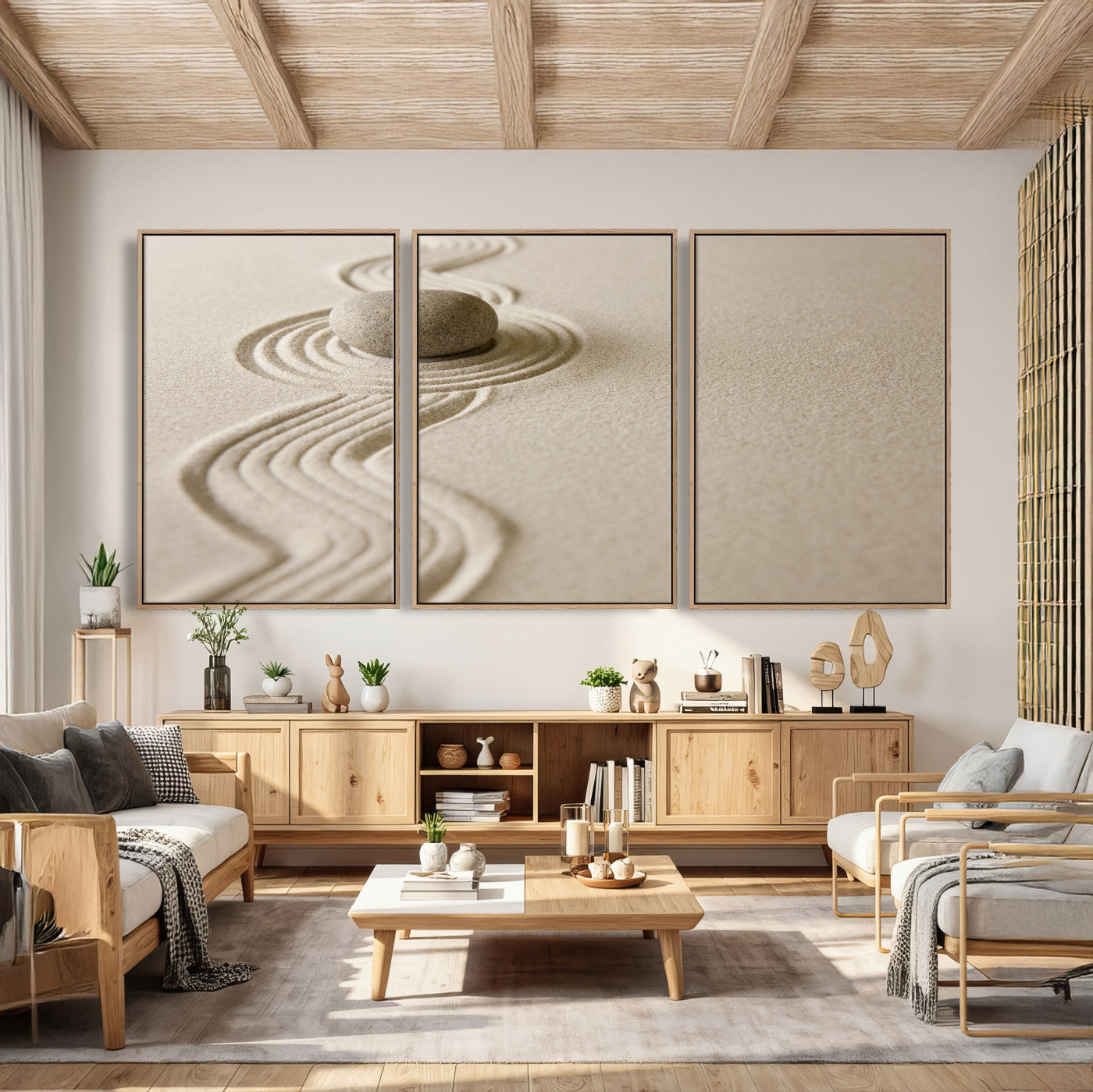 66852661-MGV-CV-36X24 - Zen Garden Stone Sand Canvas | Japanese Rock Garden Wall Art | Minimalist Meditation Print | Neutral Beige Mindfulness Decor