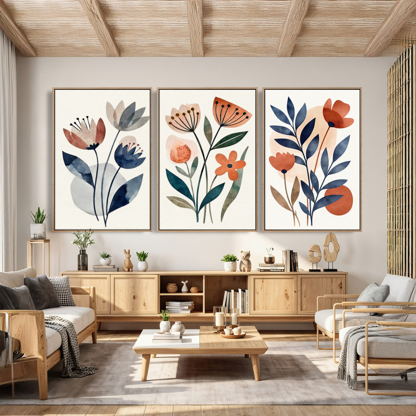 64426285-MGV-CV-60X30-3P - Watercolor Botanical Canvas Wall Art Set, Navy Terracotta Floral Triptych Print, Minimalist Flower Decor, Boho Living Room Art, Scandinavian Nature Print