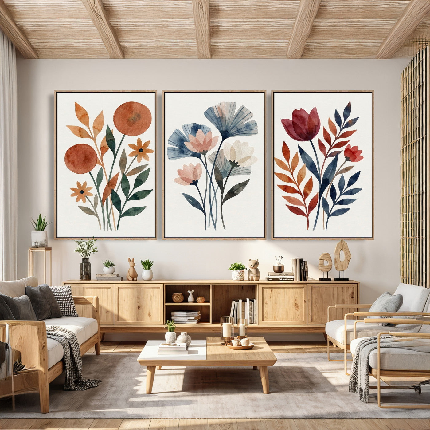 95190931-MGV-CV-60X30-3P - Watercolor Botanical Canvas Wall Art Set, Navy Terracotta Floral Triptych Print, Minimalist Flower Decor, Boho Living Room Art, Scandinavian Nature Print