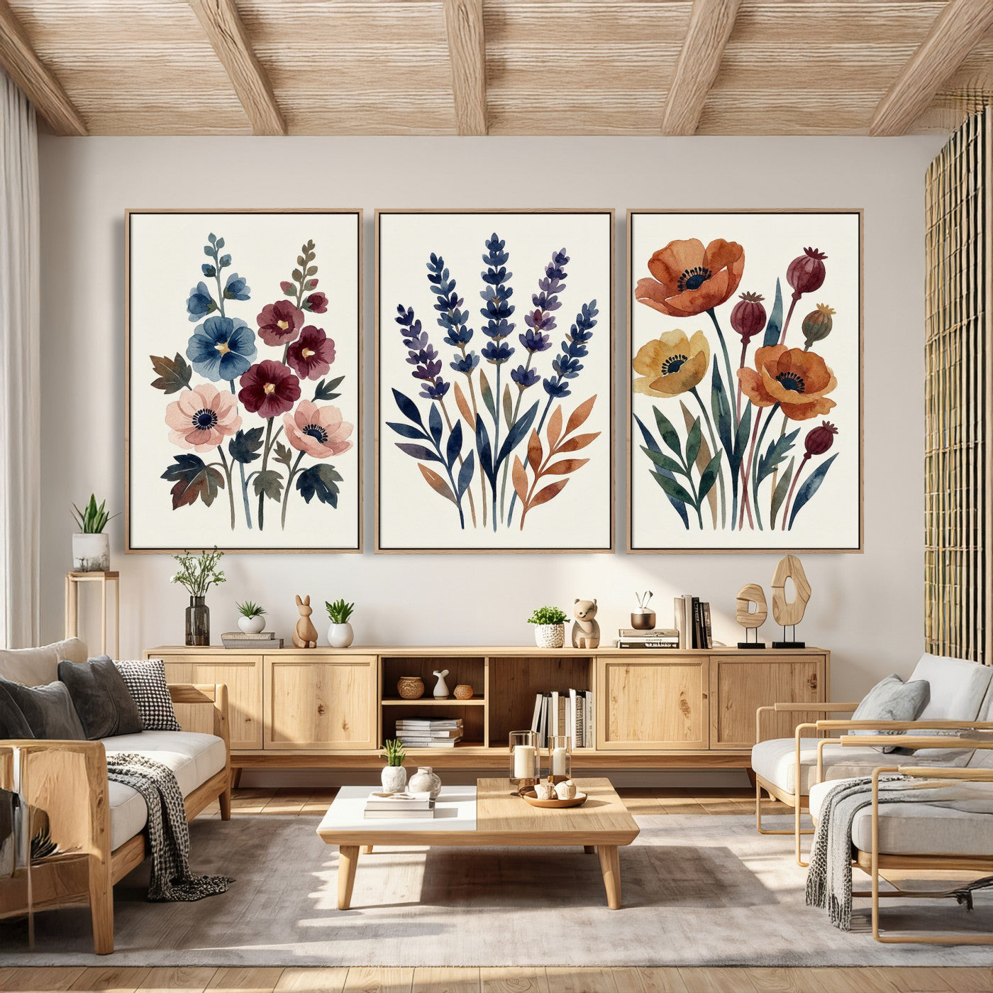66468390-MGV-CV-60X30-3P - Watercolor Botanical Canvas Wall Art Set, Navy Terracotta Floral Triptych Print, Minimalist Flower Decor, Boho Living Room Art, Scandinavian Nature Print