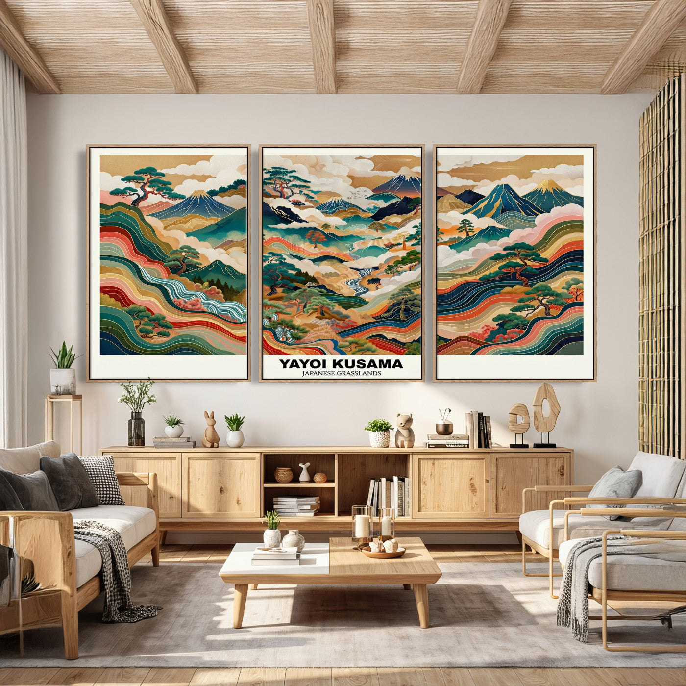 89903380-MGV-CV-60X30-3P - Japanese Grasslands Canvas Wall Art, Kusama Inspired Landscape Print, Colorful Japanese Nature Poster, Ukiyo-e Style Mountain Decor, Asian Art Print