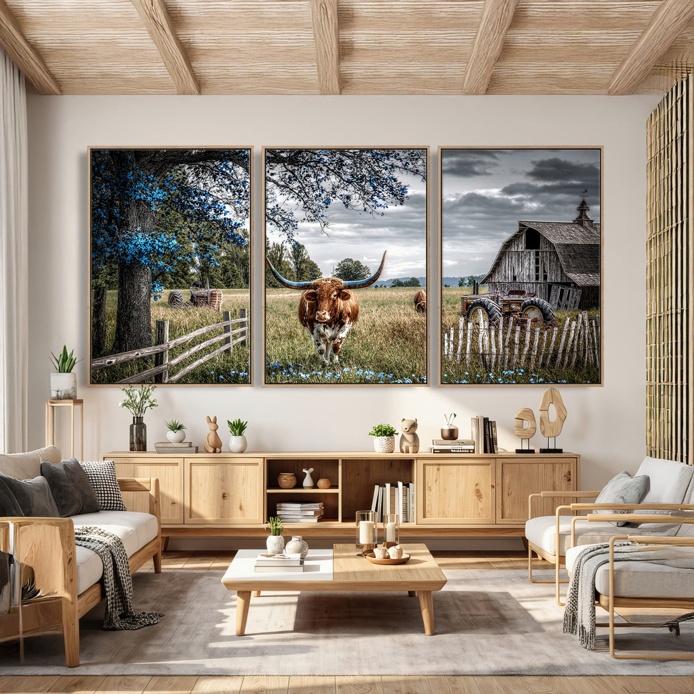 40526446-MGV-CV-60X30-3P - Texas Longhorn Canvas Wall Art, Rustic Farm Barn Bluebonnet Photography Print, Farmhouse Country Decor, Western Ranch Art, Old Truck Tractor Print