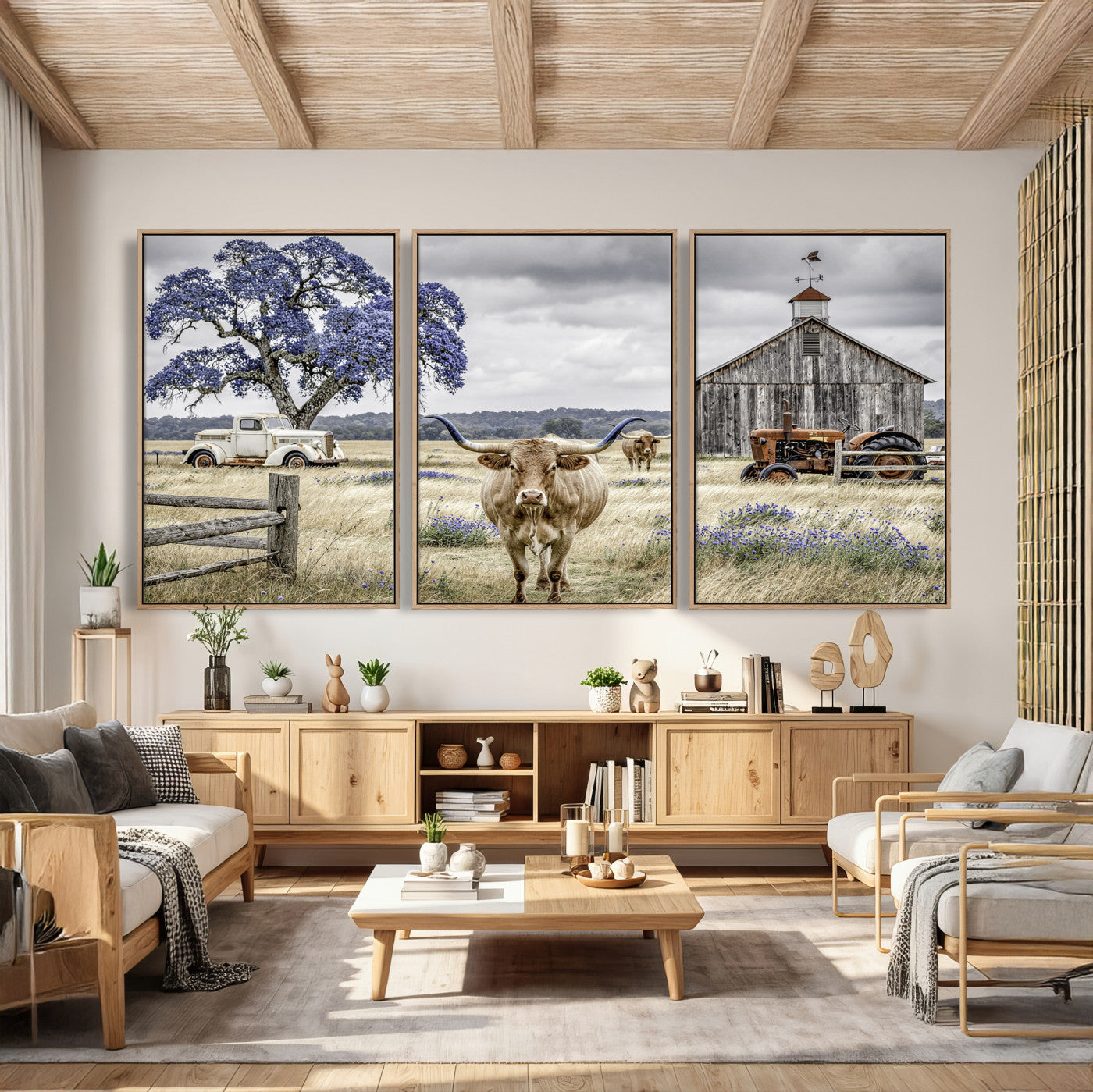 62336425-MGV-CV-60X30-3P - Texas Longhorn Canvas Wall Art, Rustic Farm Barn Bluebonnet Photography Print, Farmhouse Country Decor, Western Ranch Art, Old Truck Tractor Print