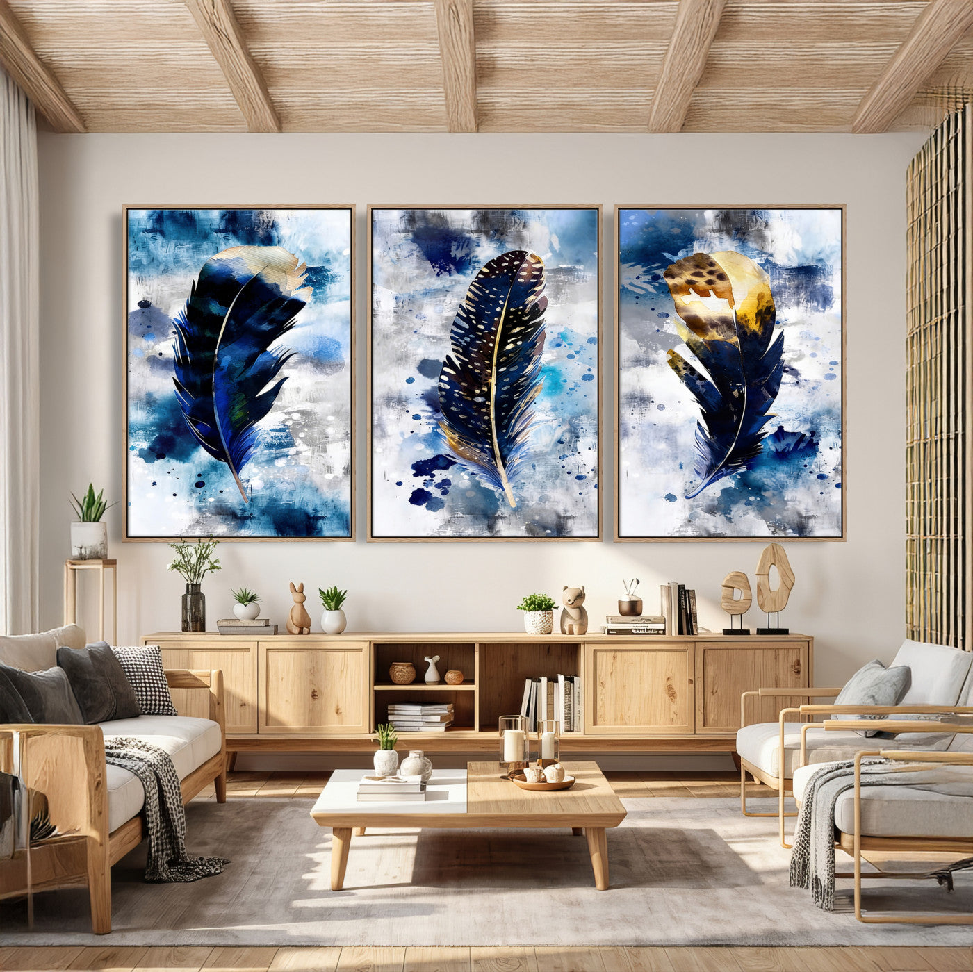 74325132F-MGV-CV-60X30-3P - Feather Canvas Wall Art Navy Blue Gold Watercolor Abstract Boho Eclectic Framed Large for Living Room Bedroom Office Entryway Decor