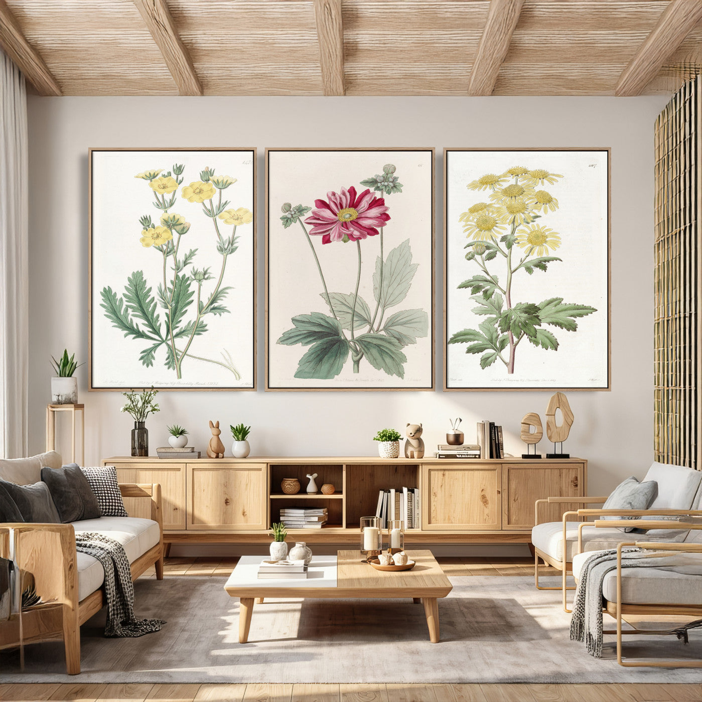 17622011MF-MGV-CV-60X30-3P - Antique Botanical Canvas Wall Art, Victorian Flower Illustration Triptych Print, Cottagecore Vintage Botanical Decor