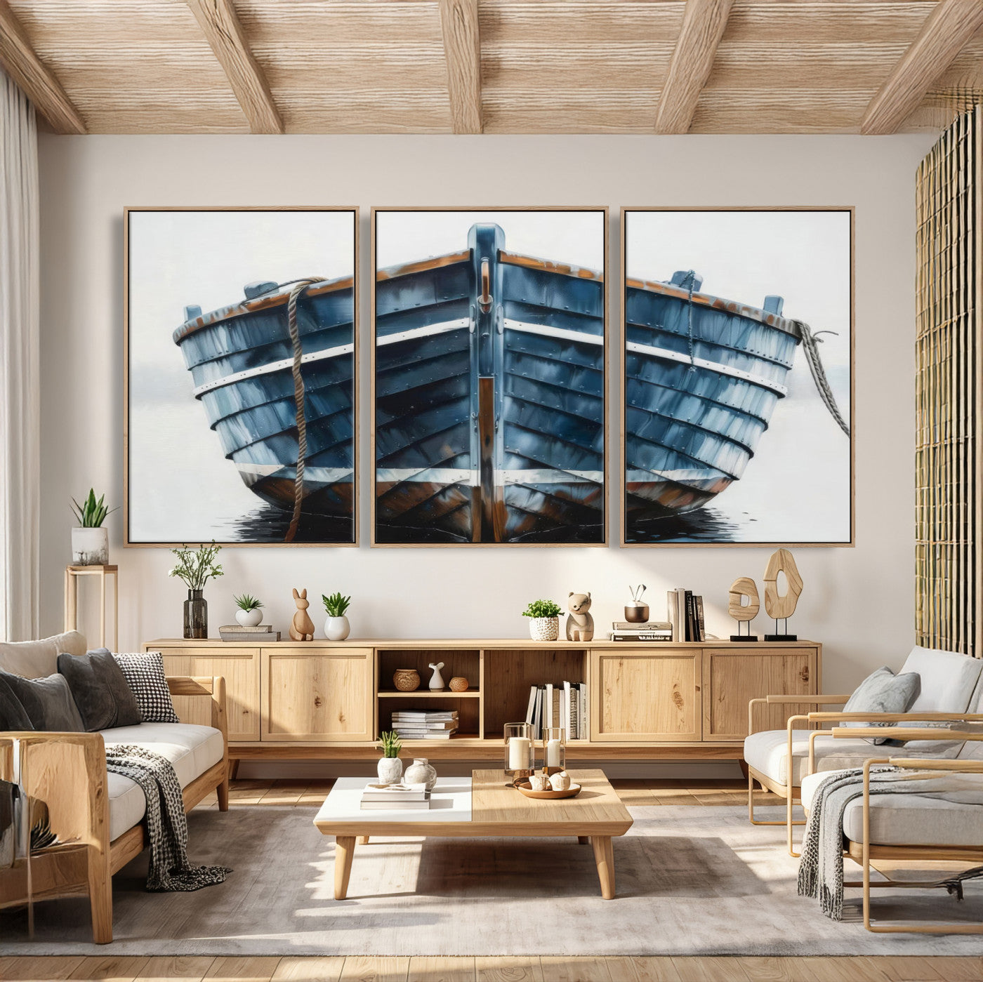 21601740-MGV-CV-36X24 - Blue Wooden Rowboat Canvas Wall Art, Coastal Nautical Boat Painting Print for Lake Beach House Decor, Minimalist Maritime Decor Artwork