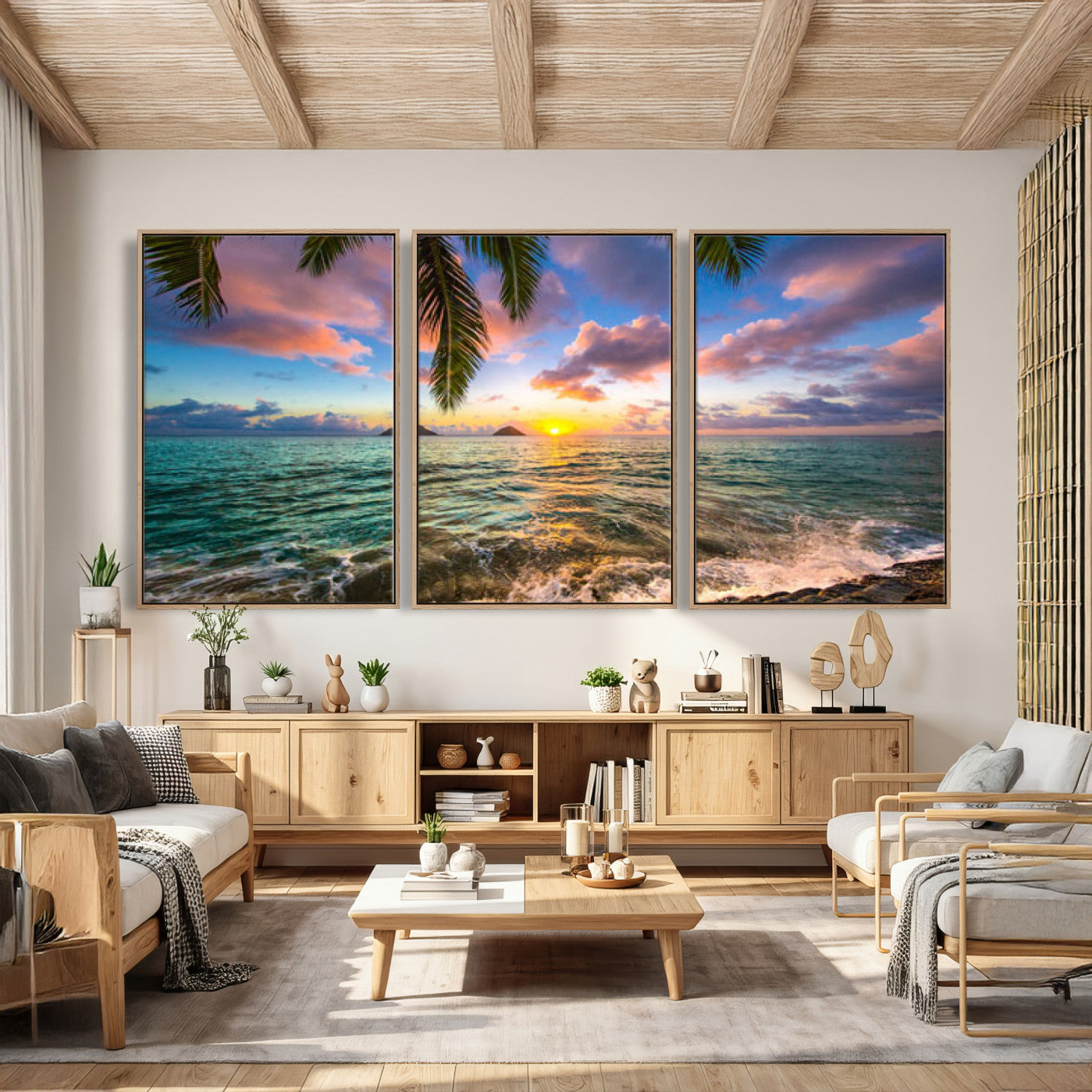 13207742-MGV-CV-36X24 - Hawaii Beach Sunset Canvas Wall Art Print, Tropical Ocean Landscape Artwork, Palm Tree Coastal Decor for Living Room Bedroom