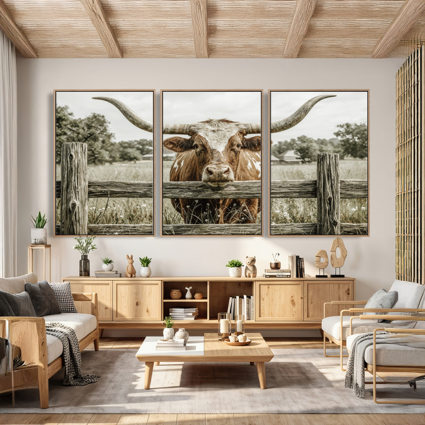 59378683M-MGV-CV-60X30-3P - Large Farmhouse Texas Longhorn Bull Canvas Wall Art, Western Ranch Cattle Photography Print, Rustic Barn Cowboy Decor Artwork