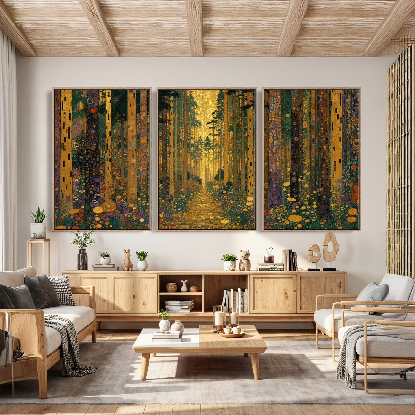 79483321G-MGV-CV-48X32-3P - Gustav Klimt Style Forest Canvas Wall Art, Golden Forest Path Floral Art Nouveau Print, Enchanted Woodland Decor