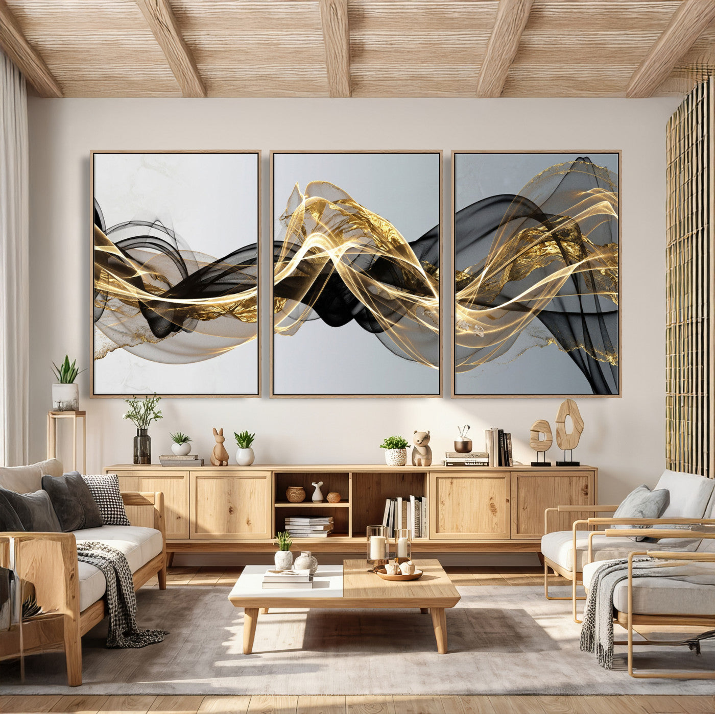 79483321DL-MGV-CV-36X24 - Black and Gold Abstract Wall Art, Modern Wave Canvas Print, Elegant Flowing Smoke Art, Luxury Living Room Decor