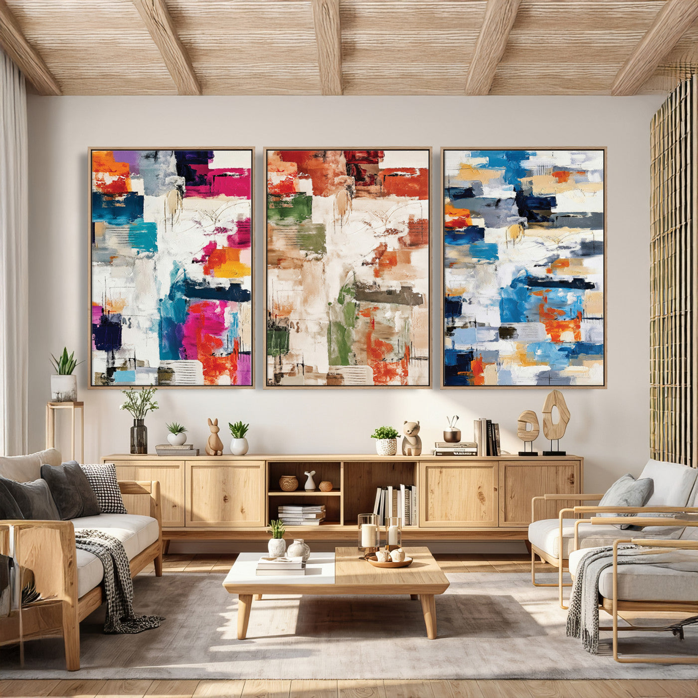 33267833-MGV-CV-60X30-3P - Blue Teal Abstract Canvas Wall Art, Modern Textured Painting Print, Navy Orange White Contemporary Art, Neutral Living Room Decor, Office Art