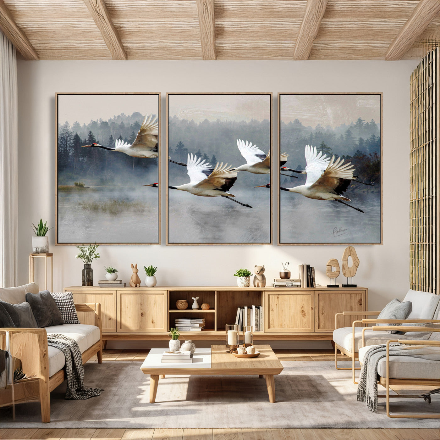 24356826-MGV-CV-36X24 - Flying Crane Canvas Wall Art Print, White Crane Bird Artwork, Wildlife Nature Decor, Lake Landscape Canvas - Ready to Hang